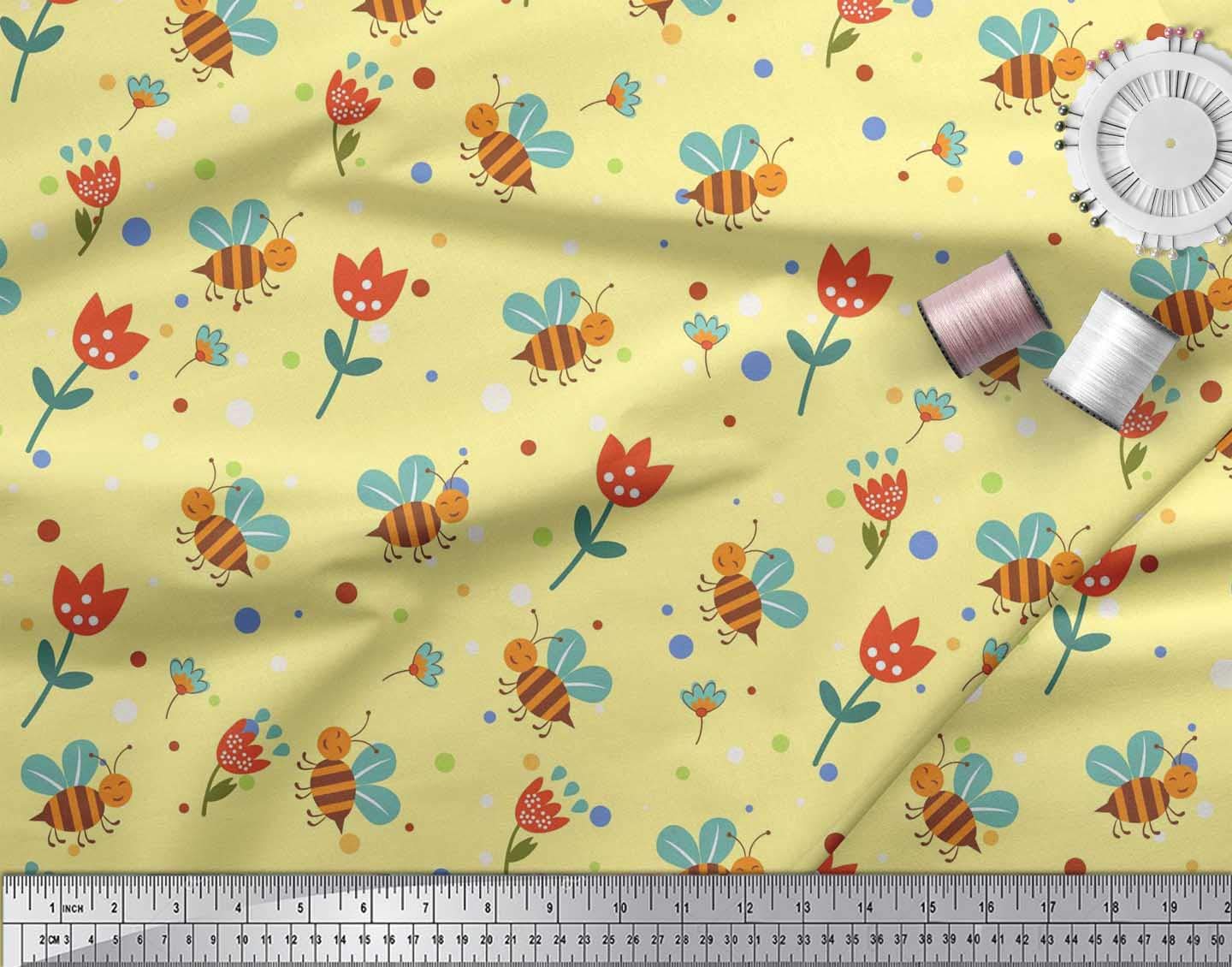 Soimoi Cotton Voile Fabric - Yellow Floral Bee Print for DIY Crafts