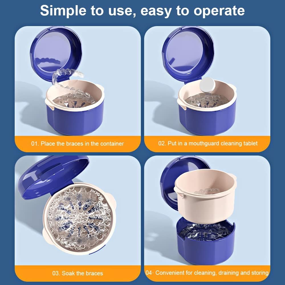 3-Layer Denture Case with Strainer Basket - Portable Denture Soaking & Cleaning Cup for Retainers, Dentures & Aligners - Travel-Friendly Storage Solution (Blue) | Perfect for Home, Travel & Daily Oral Care