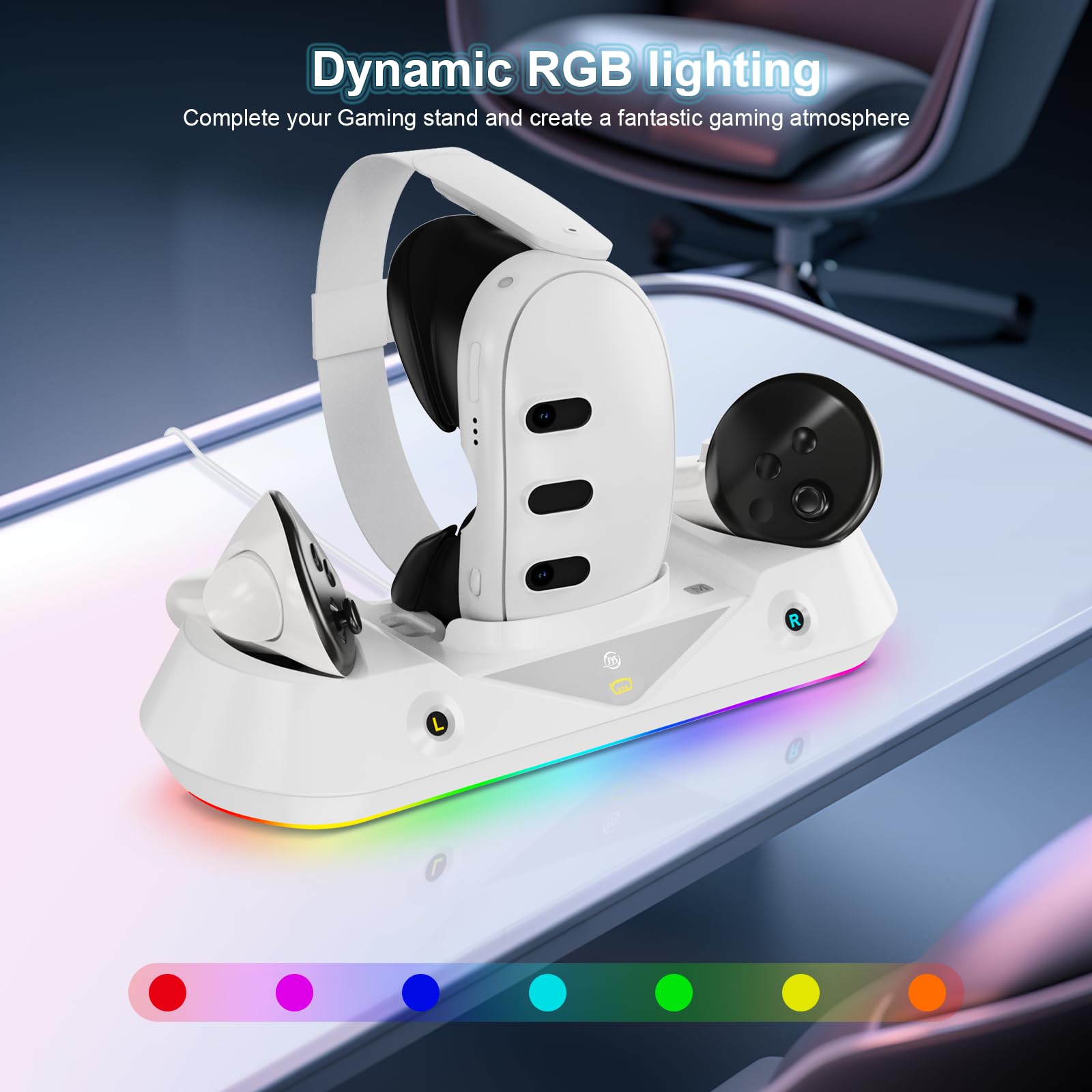 Fast Charging Dock for Oculus Meta Quest 3 - Magnetic Charging Station with RGB LED Light for Quest 3 Headset & Controllers - Includes 2 Rechargeable Batteries - Perfect for VR Gaming & Entertainment Setup