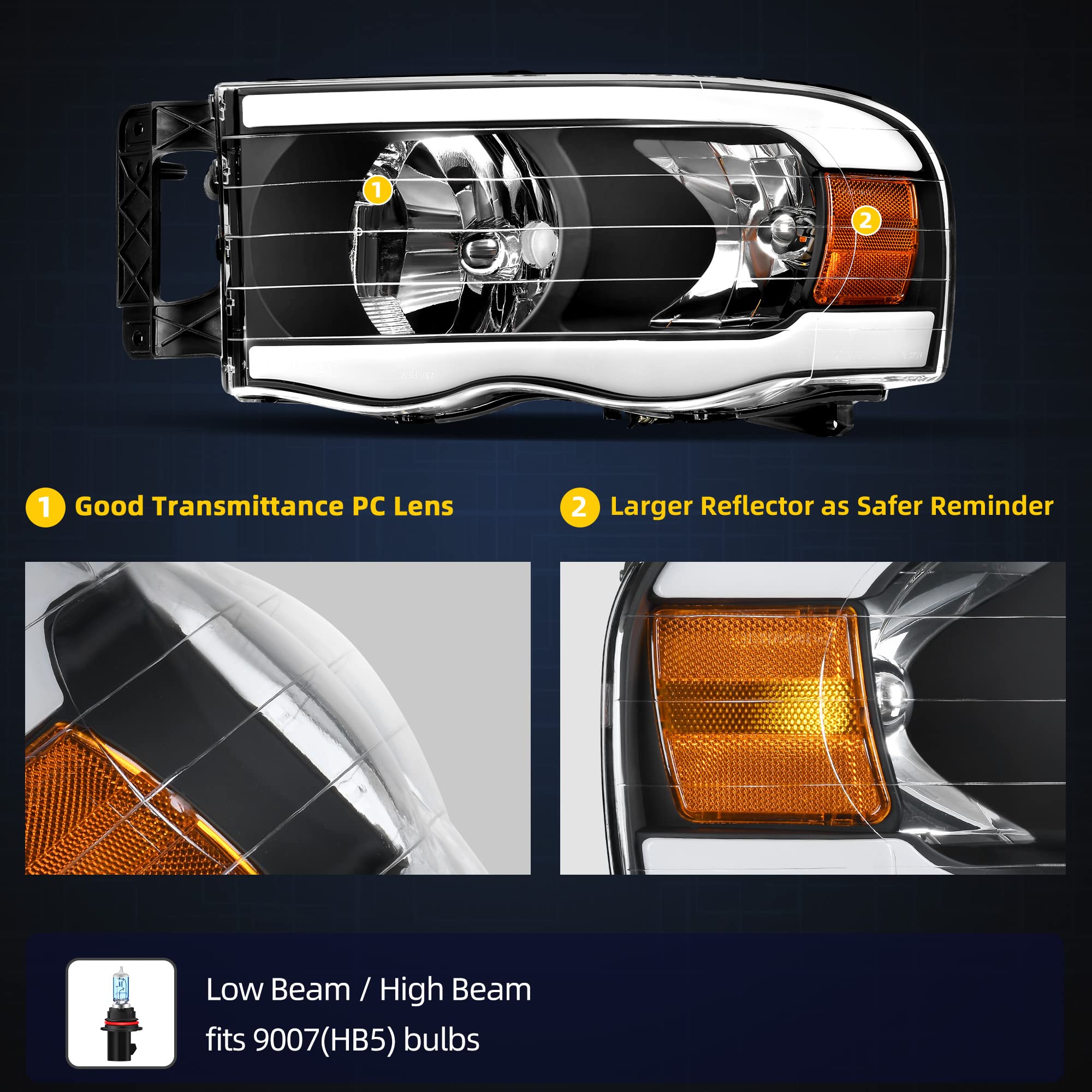 DWVO LED Headlights Assembly Compatible with 2002-2005 Dodge Ram 1500/2500/3500 - Switchback DRL Tube, Replacement Headlamps Pair - Perfect for Night Driving & Off-Road Adventures