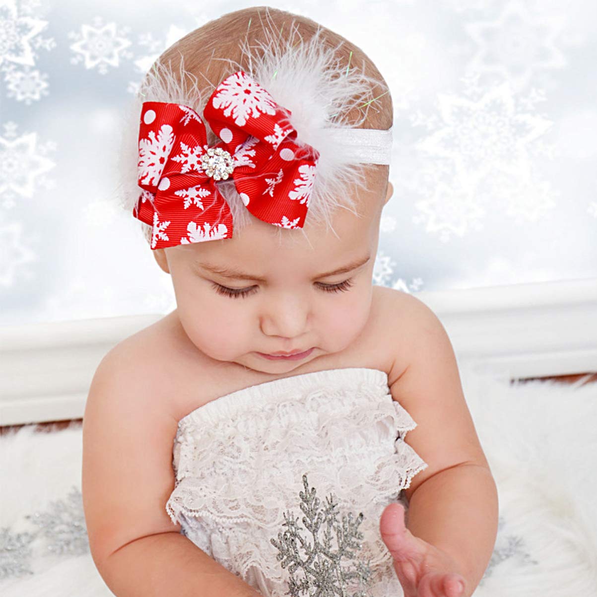Lurrose 2Pcs Christmas Baby Girls Hair Bows - Snowflake Decorated Elastic Headbands for Newborns, Infants & Toddlers | Holiday Party, Photo Shoot & Gift Giving Accessories