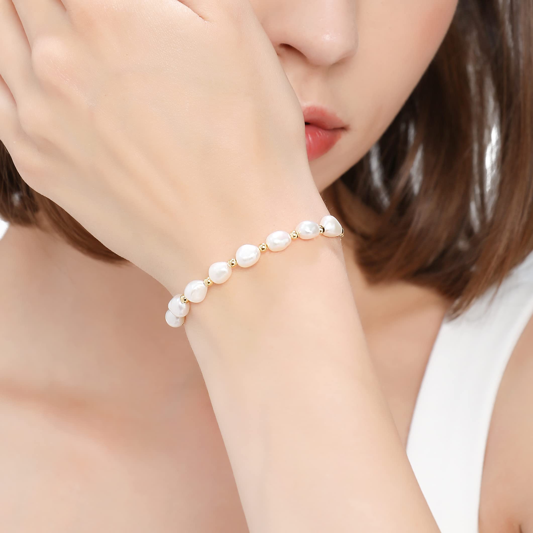 Elegant Baroque Pearl Stretch Bracelet for Women - Adjustable Oval Pearl Bangle Handmade Jewelry, Perfect for Weddings, Parties & Everyday Wear