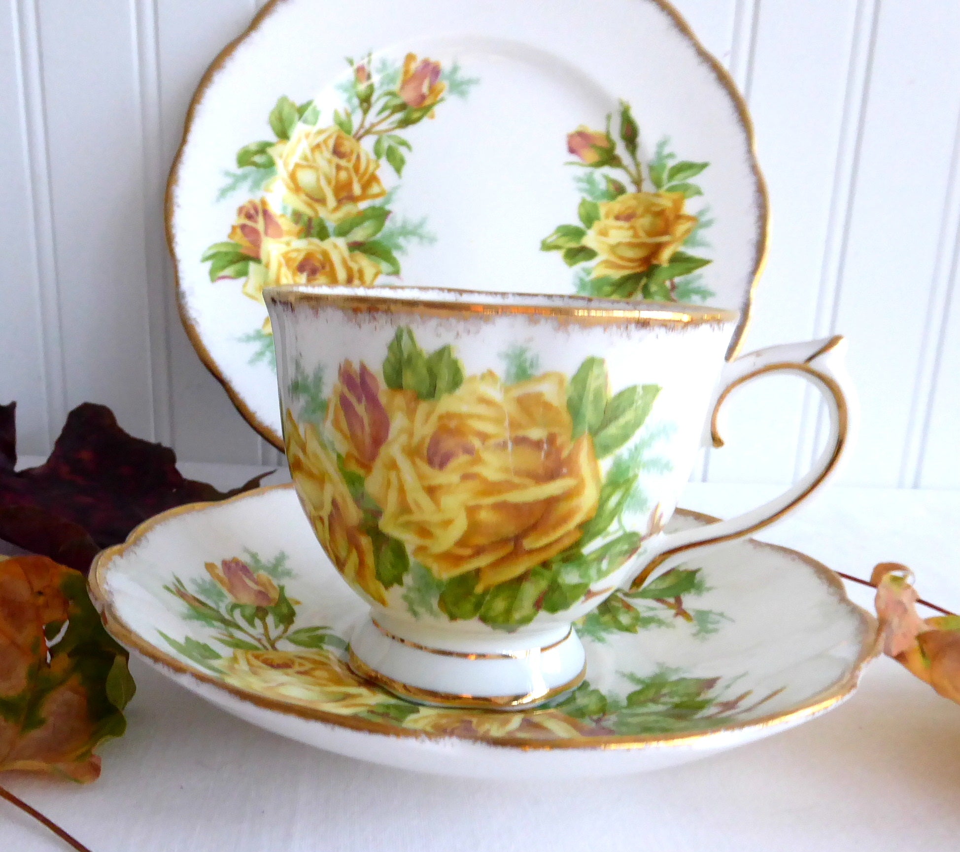 Vintage Royal Albert Tea Rose Trio Set - Yellow Roses English Bone China Teacups (1940s) | Elegant Afternoon Tea, Bridal Shower, Collectible Display