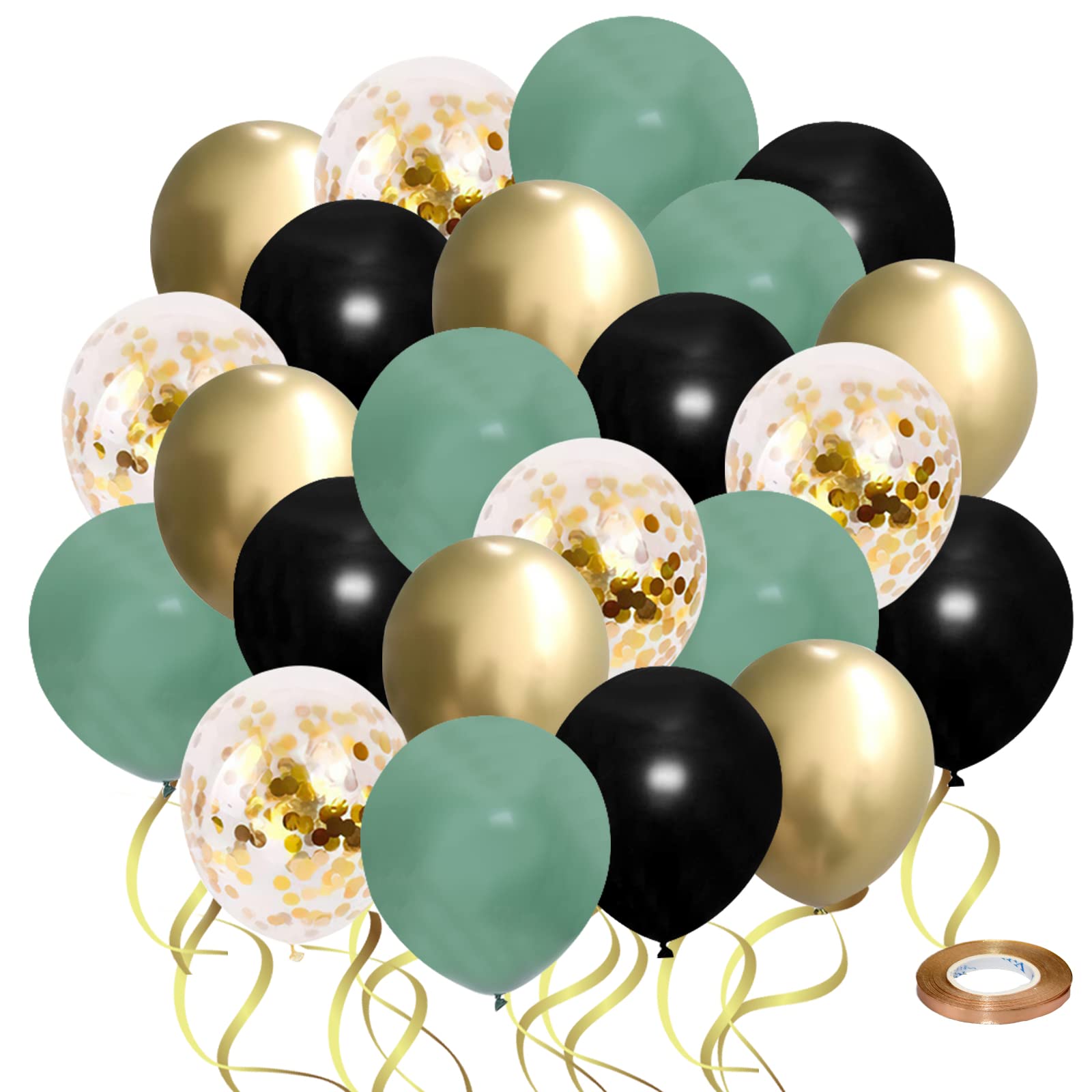 50pcs 12 Inch Sage Green Black Gold Confetti Balloons with Ribbon - Retro Metallic Party Balloons for Birthday, Baby Shower, Wedding & Anniversary Decorations - Perfect for Festive Events and Special Occasions