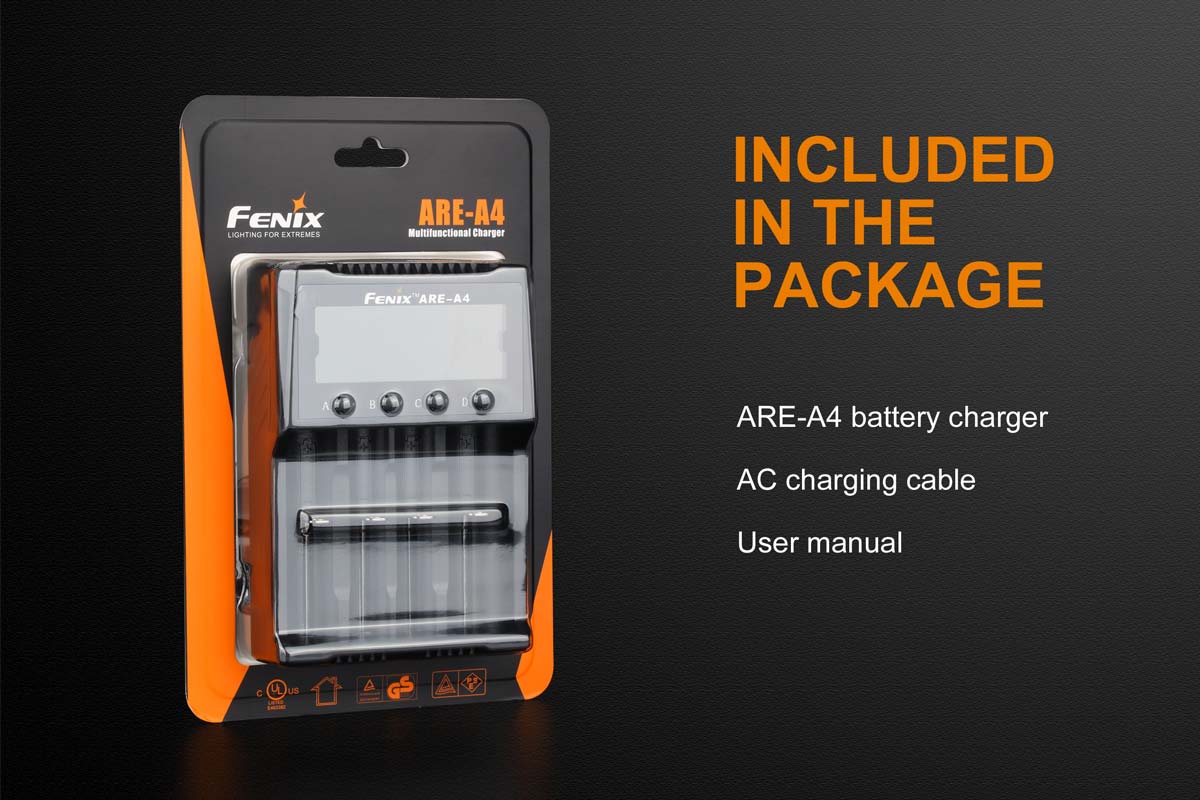 Fenix ARE A4 Smart Battery Charger for AA AAA NiMH NiCd - Fast Charging with LCD Display - Perfect for Home, Office, and Travel Use