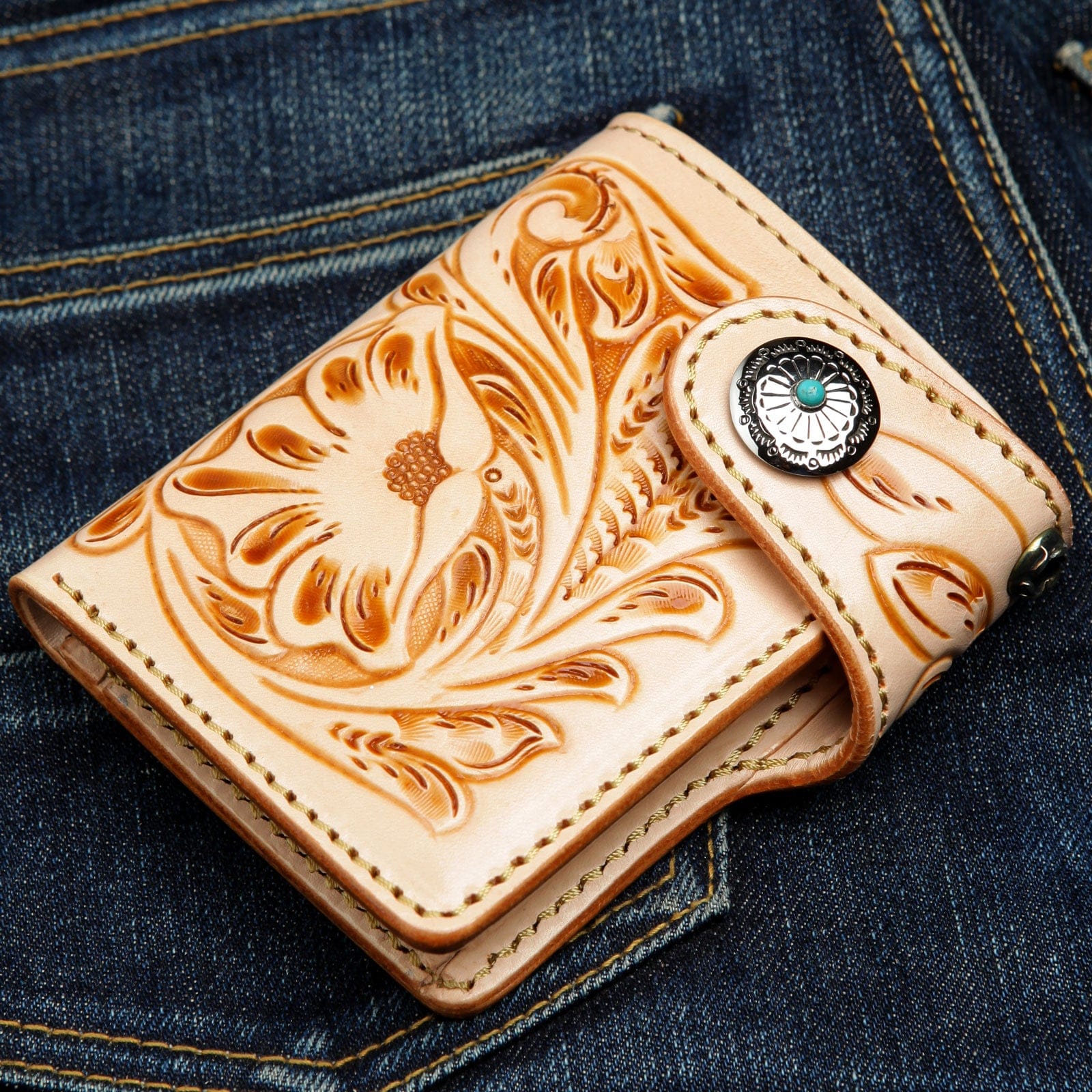 Genuine Light Brown Cowhide Leather Western Biker Wallet for Men - Perfect for Motorcycle Riders, Country Style & Everyday Carry