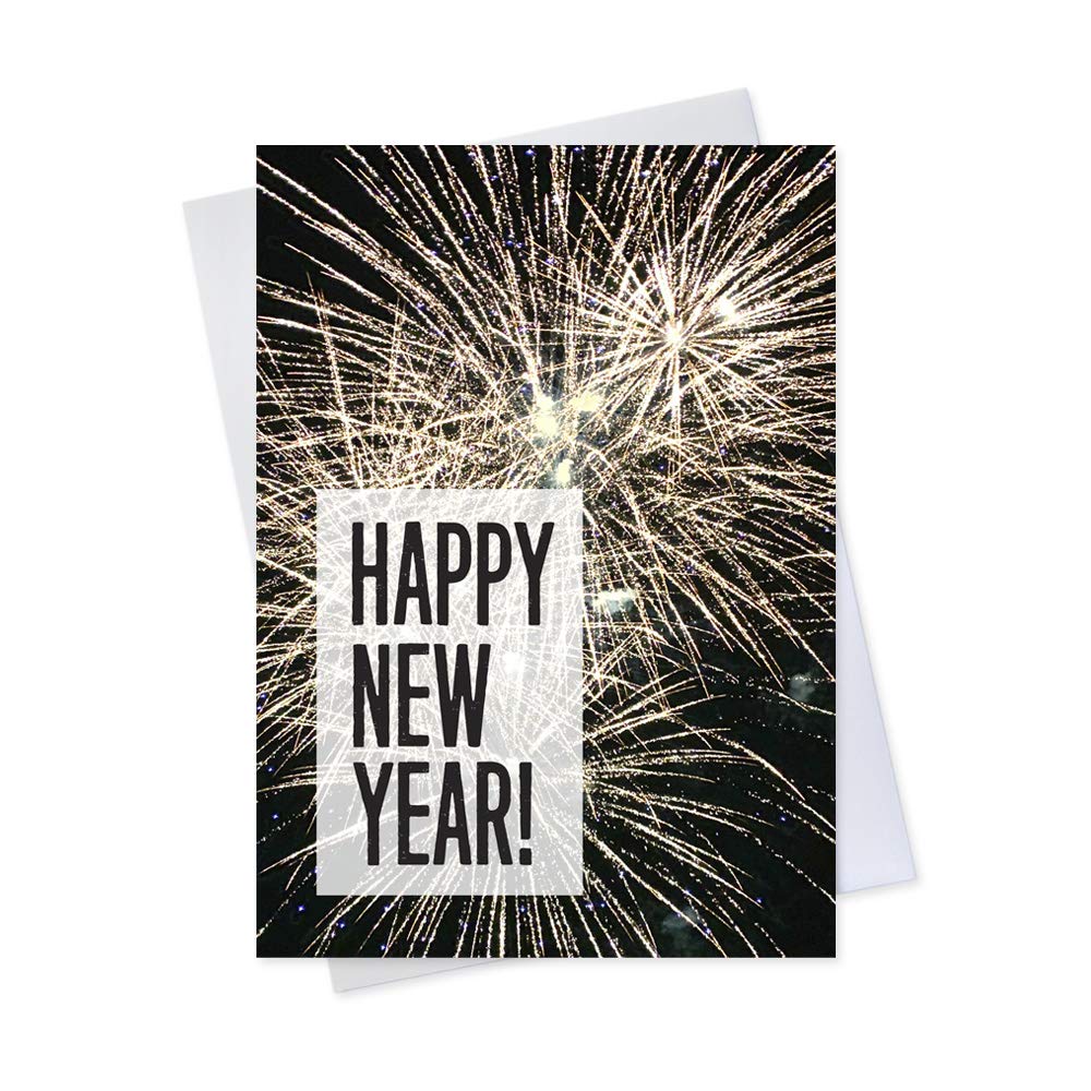 Happy New Year Greeting Cards Set - 25 Premium Firework Design Cards with 26 Gold Foil Envelopes | Elegant Holiday Stationery for Christmas, Office Parties & Family Celebrations