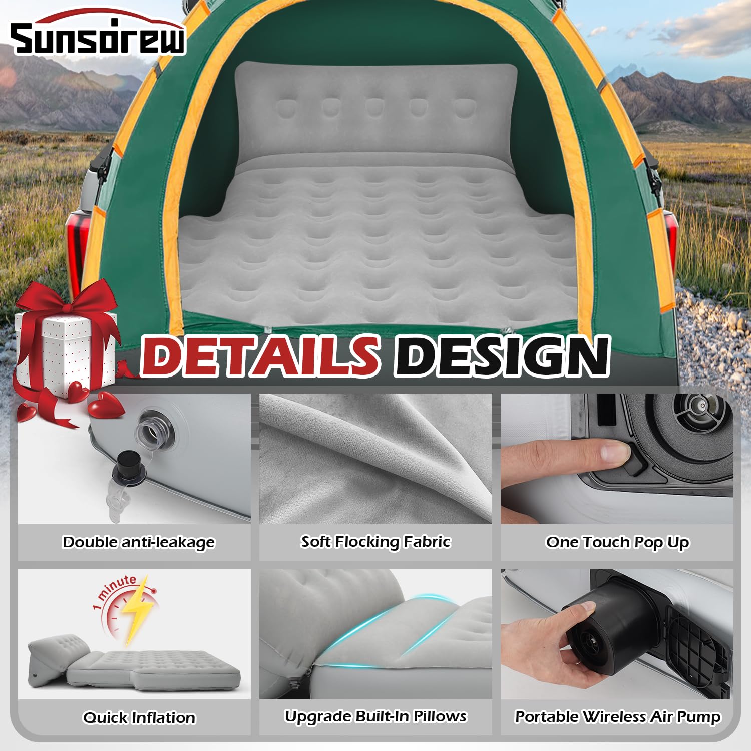 **5.5-6.5Ft Full Size Truck Bed Air Mattress with Built-in Pillow – Adjustable Self-Inflating Portable Airbed for Camping, Travel & Home Use – Supports 800 lbs**    **使用场景:** Perfect for truck camping, road trips, backyard sleepovers, guest beds, and outdoor adventures.