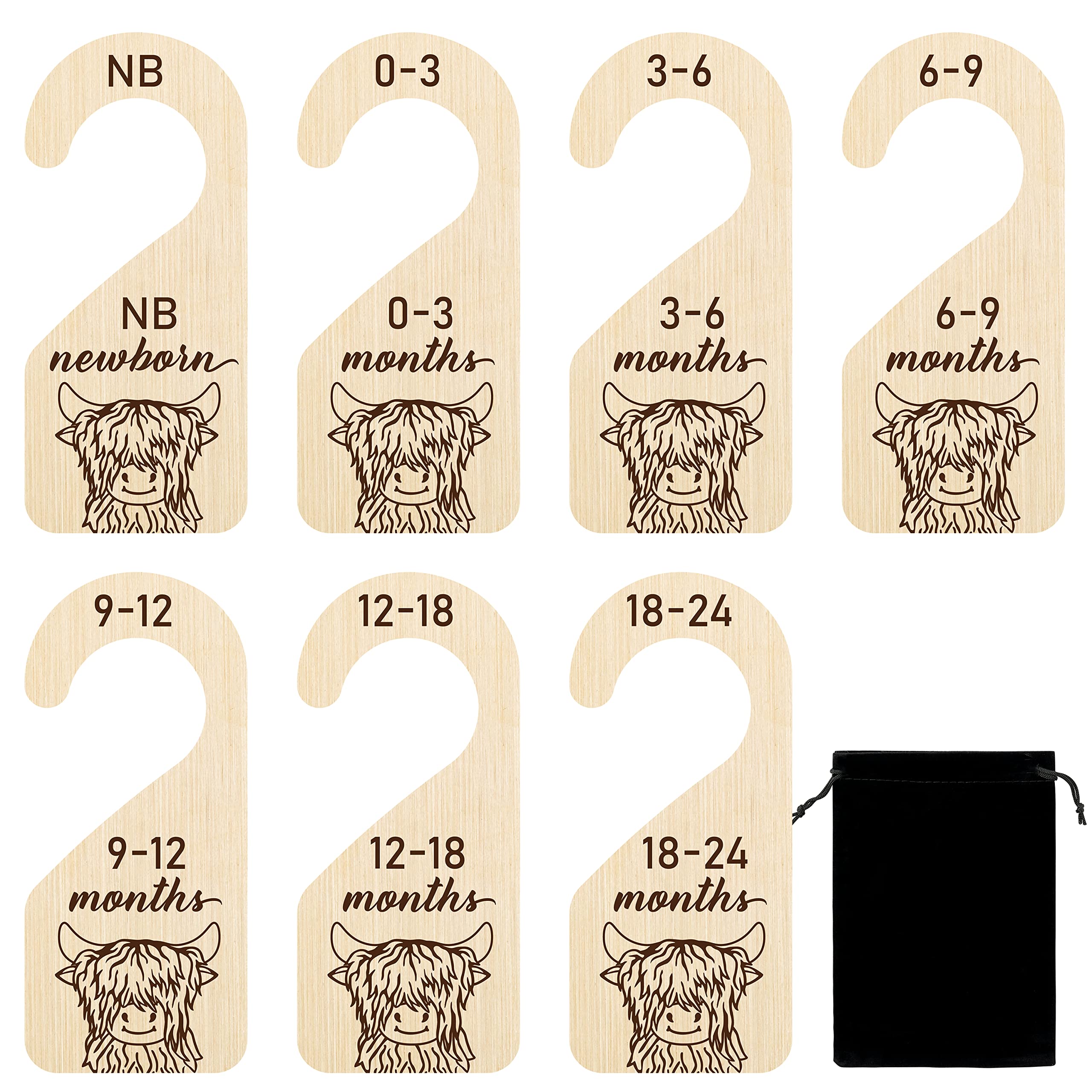 Highland Cow Baby Closet Dividers - 8Pcs Double Sided Nursery Organizers with Wood Size Markers (0-24 Months) - Perfect for Baby Boy & Girl Wardrobe Organization, Ideal as Birthday & Christmas Gifts for New Parents