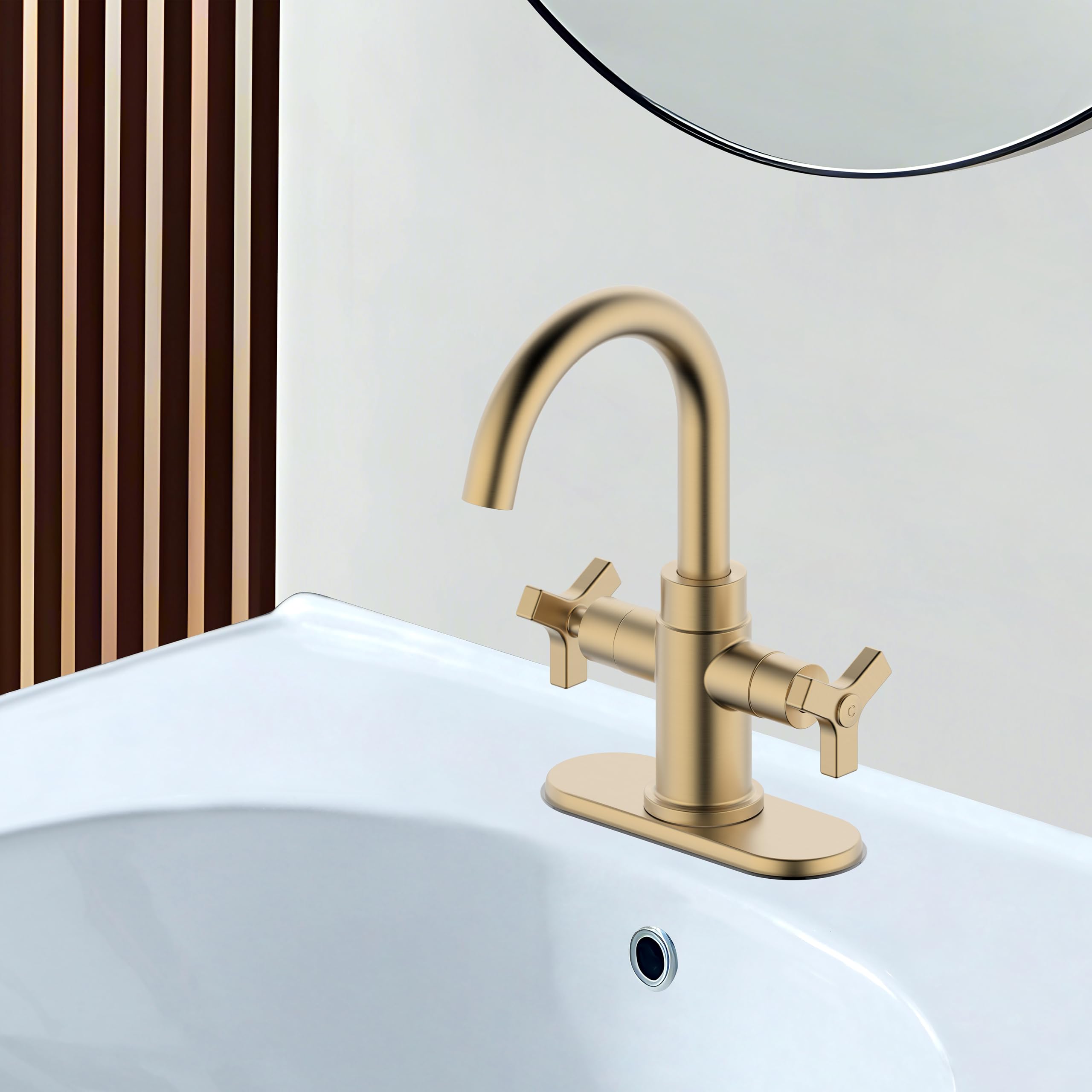 Elegant Brushed Gold Bathroom Faucet - Two-Handle Single Hole Bathroom Sink Faucet with Water Supply Line for Vanity & Lavatory (Model F-0081-CS) - Perfect for Modern Home, Hotel, and Apartment Bathroom Renovations