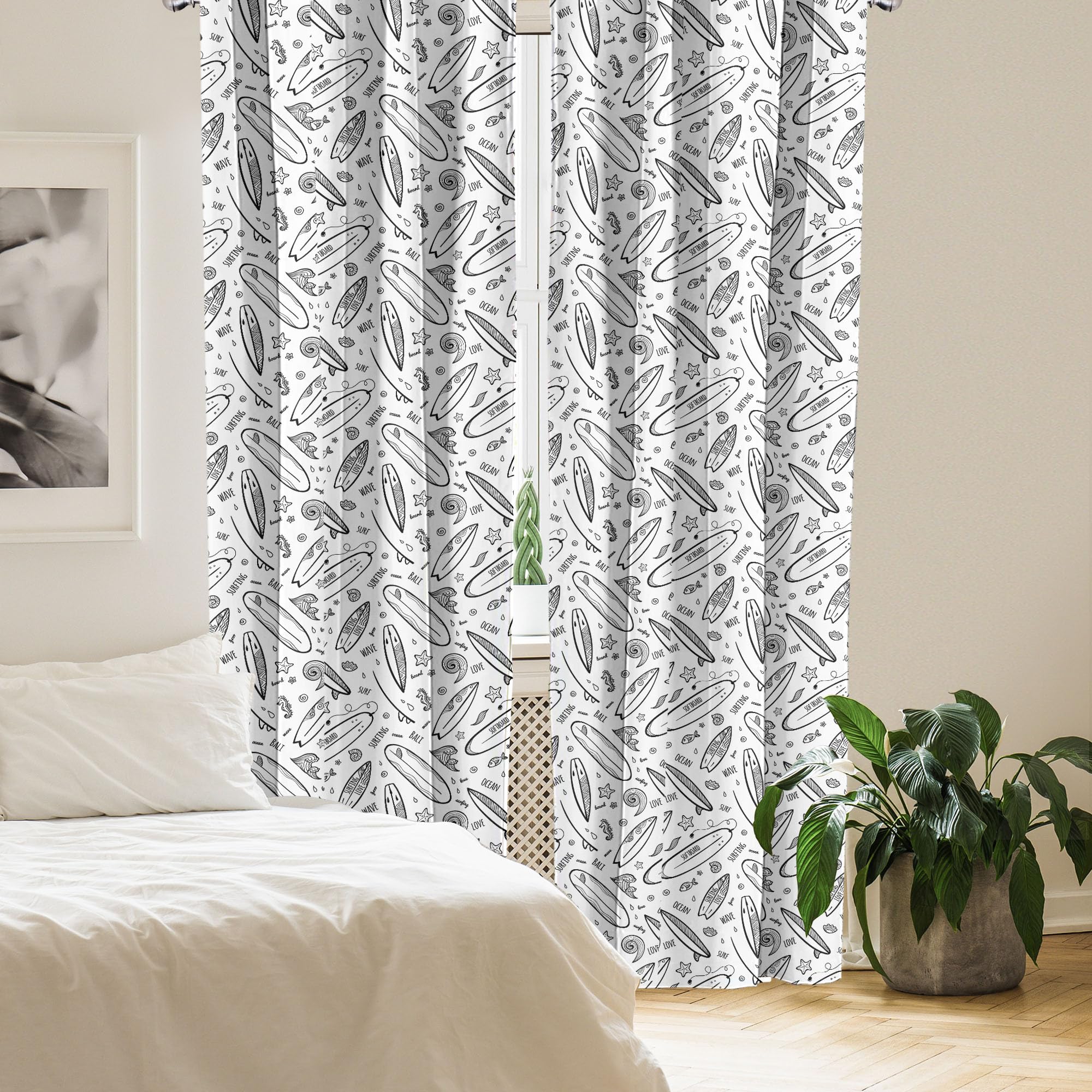 Ambesonne Surfboard Window Curtains - Black & White Coastal Design for Beach House Decor | Water Sports Themed 2-Panel Set with Rod Pocket (28x63 inches) | Perfect for Living Room, Bedroom & Vacation Homes