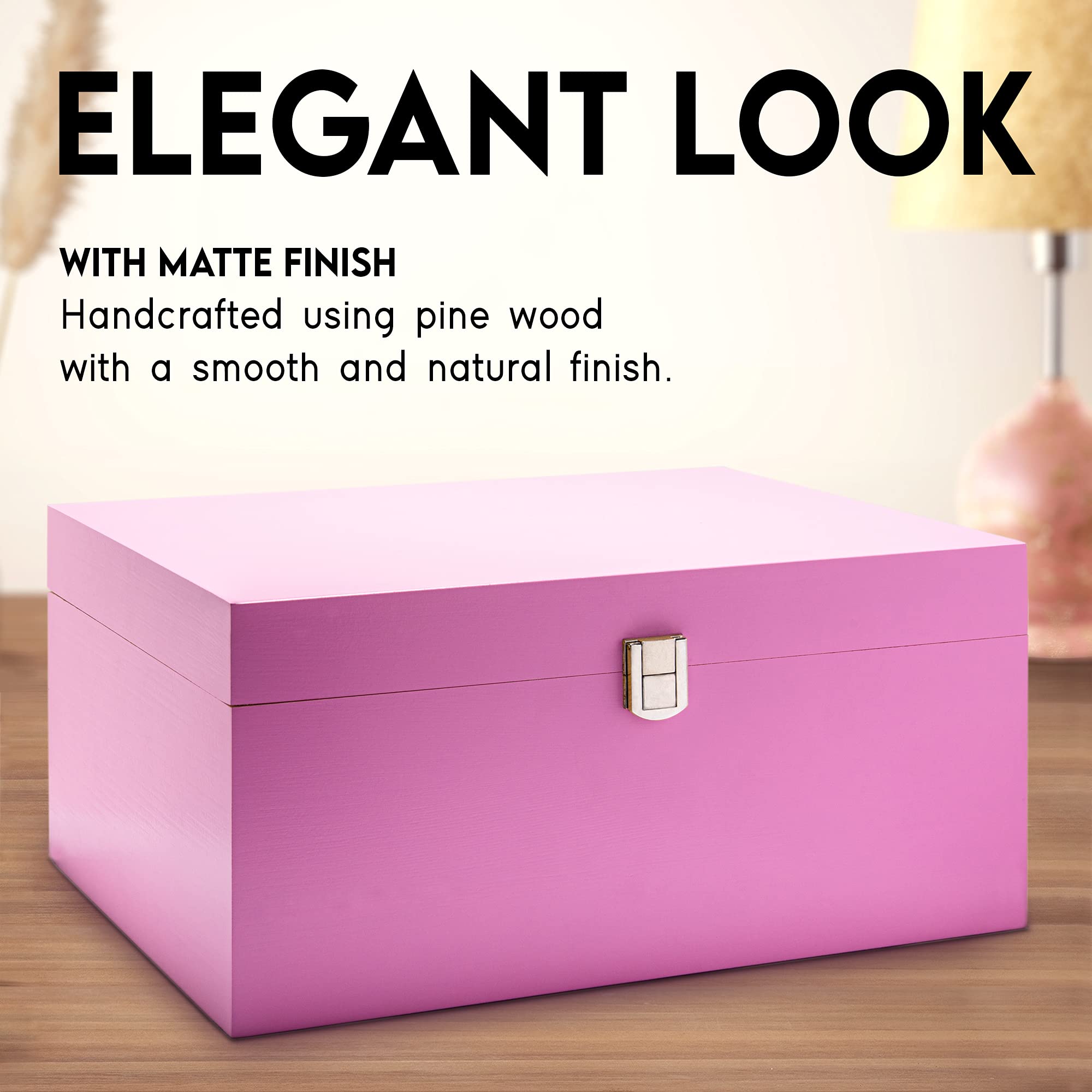 Premium Wooden Gift Box with Hinged Lid - Large Keepsake Memory Storage Box for Jewelry, Photos & Mementos - Decorative Pink Wood Box with Lid for Home Organization, Wedding Favors & DIY Crafts