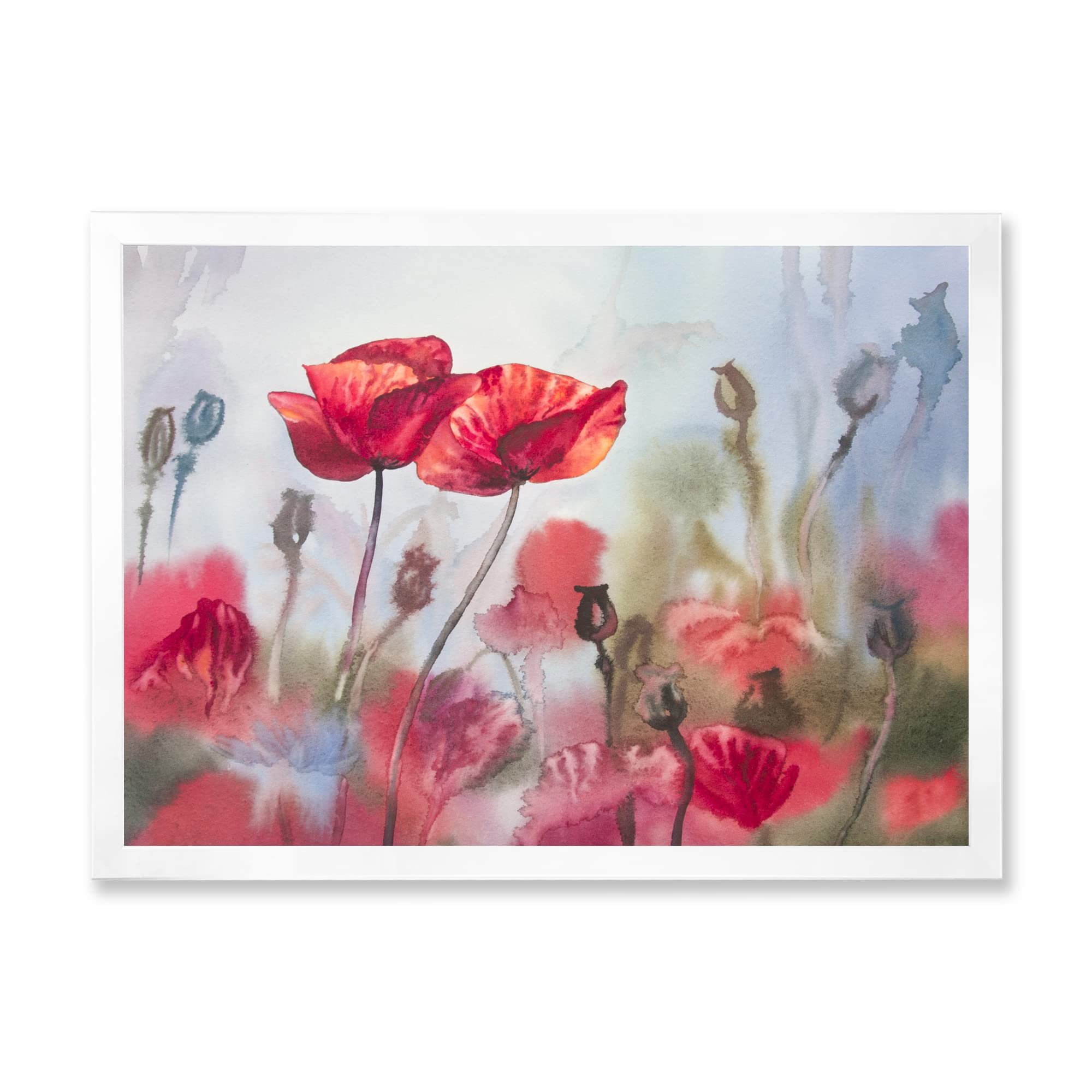 DesignQ Blossoming Poppies In The Meadow Traditional Framed Wall Art - Vintage Floral Canvas Painting for Living Room, Bedroom & Office Decor