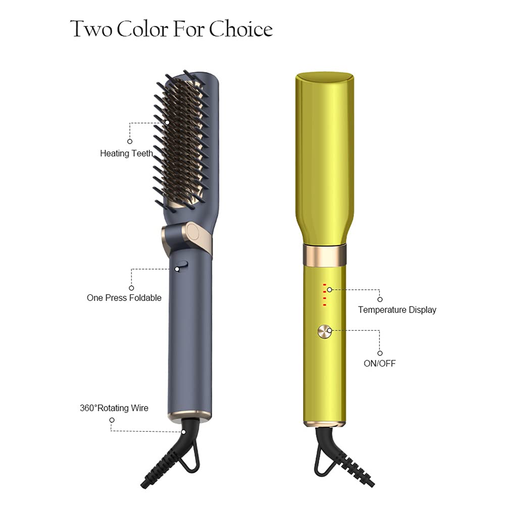 Foldable Hair Straightener Brush - Negative Ion PTC Fast Heating Hair Straightening Iron with 4 Temperature Settings - Dual Use as Hair Curler for Salon & Home Styling (Yellow, UK Plug) - Perfect for Travel, Daily Use & Professional Styling - Layfoo