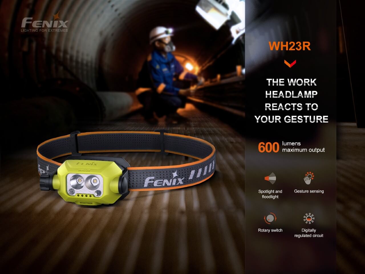 Fenix WH23R Rechargeable LED Headlamp with Motion Sensor - Hands-Free Lighting for Construction, Mining, Camping & Outdoor Activities