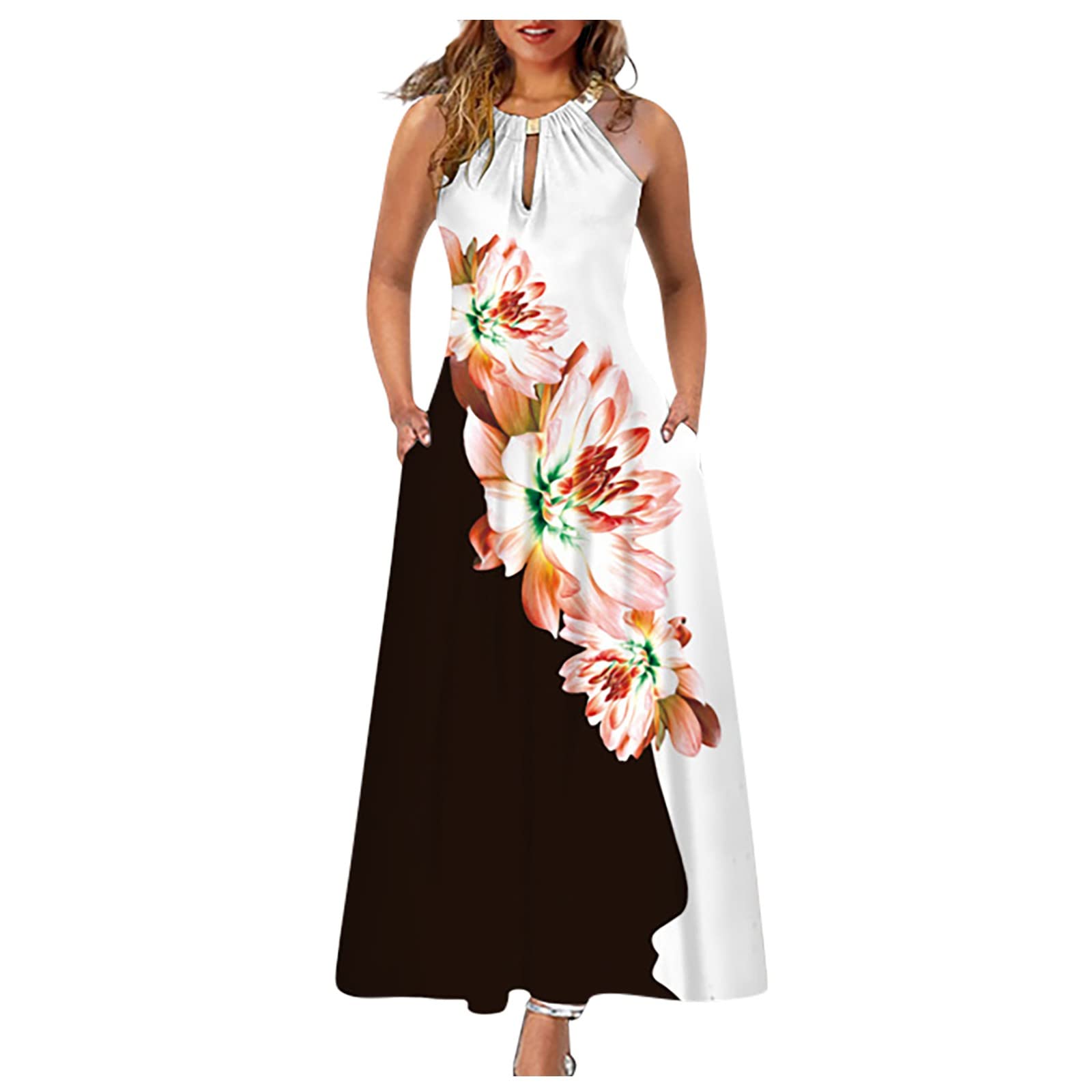 Women's Floral Print Summer Maxi Dress with Pockets - Sleeveless Halter Sundress for Casual Wear, Beach Vacation & Outdoor Activities