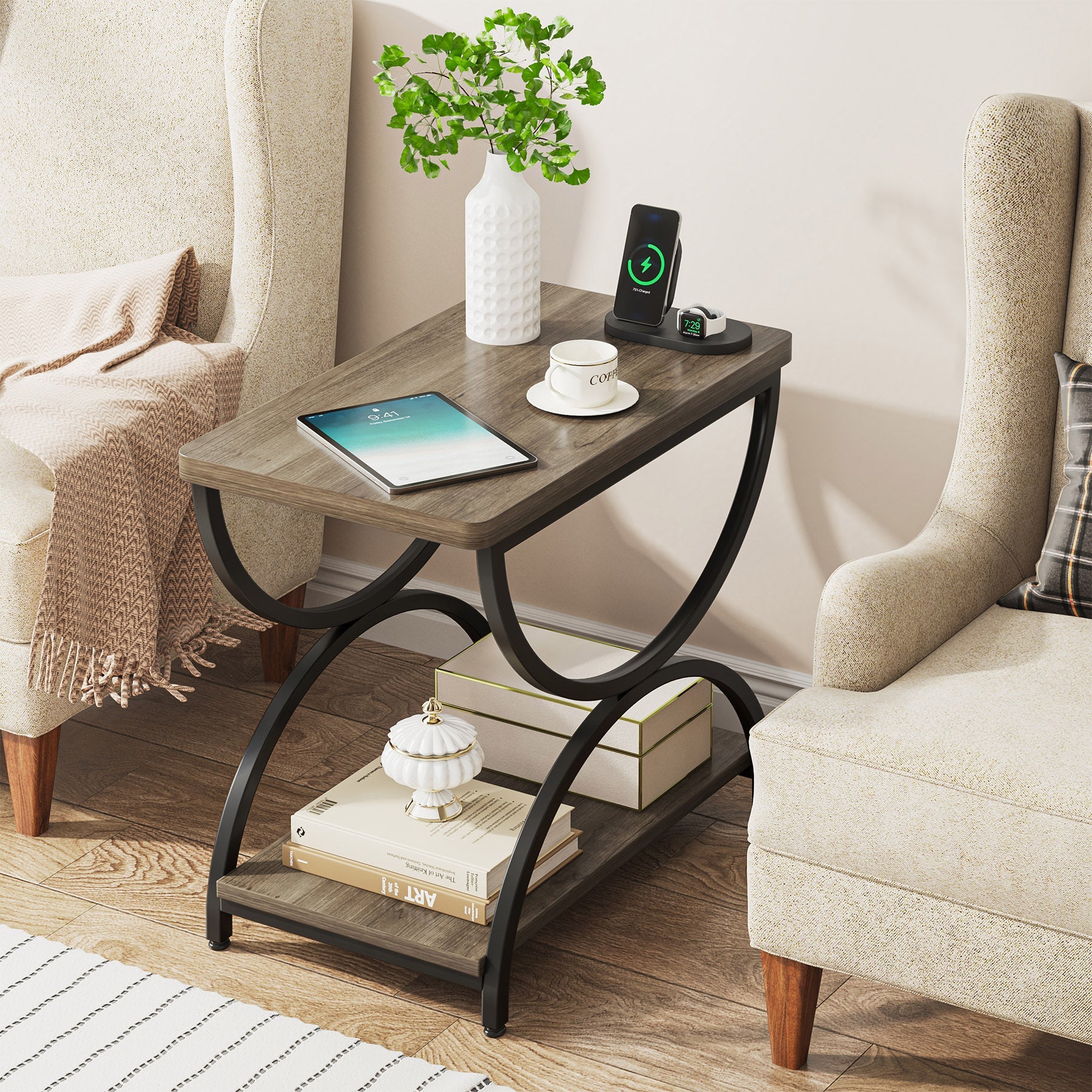 2 Tier End Table with Metal Frame - Modern Rectangular Side Table for Living Room, Bedroom & Office - Sturdy & Stylish Home Decor Accent Piece