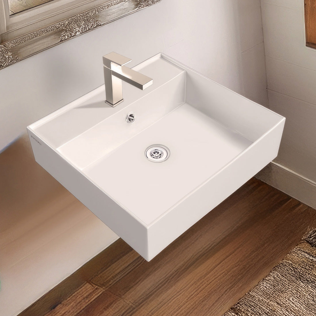 Modern Rectangular Wall Mount Bathroom Sink with Faucet Drilling Options & Overflow - Perfect for Small Bathrooms, Powder Rooms & Contemporary Home Decor