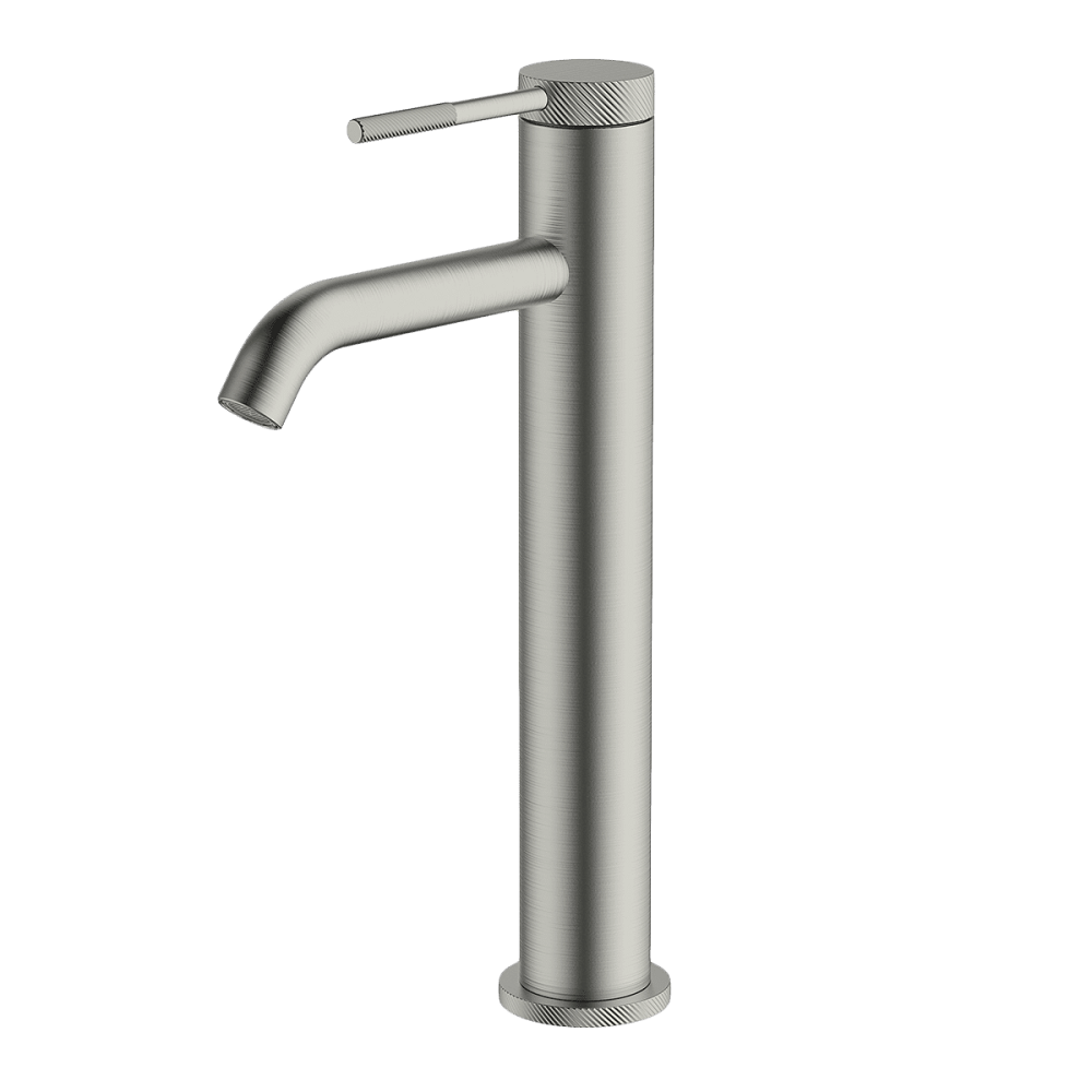 Abey Poco Knurled High Basin Mixer Faucet - Brushed Nickel Finish - Modern Bathroom Sink Mixer Tap for Vanity & Powder Room - 6B3 KBN Model