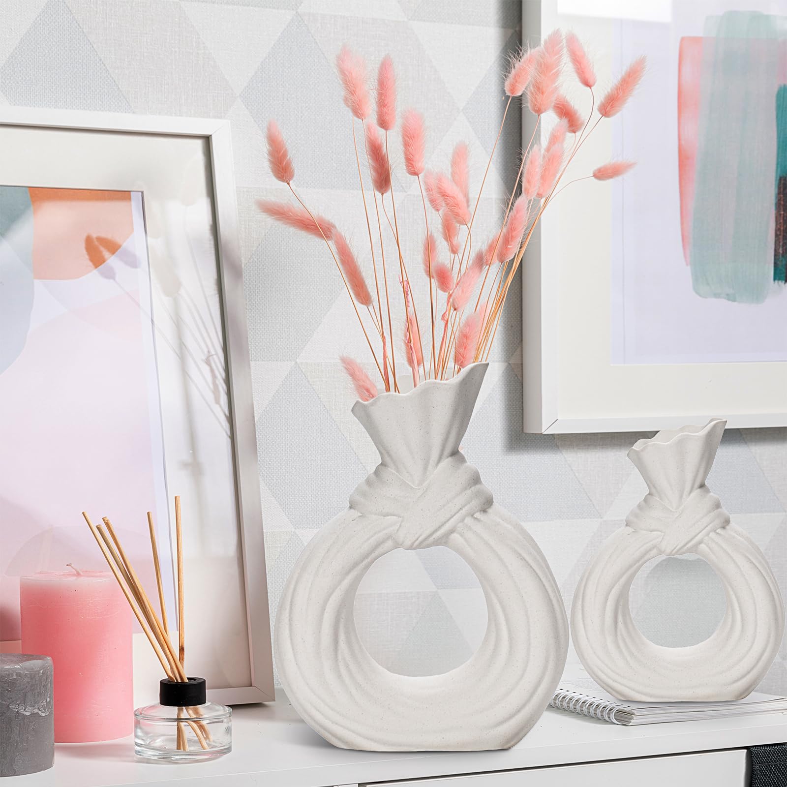 White Ceramic Vases Set of 2 - Modern Nordic Boho Style Hollow Donut Vases for Home Decor | Minimalist Flower Vases for Living Room, Bedroom & Office | Perfect Wedding, Housewarming Gift