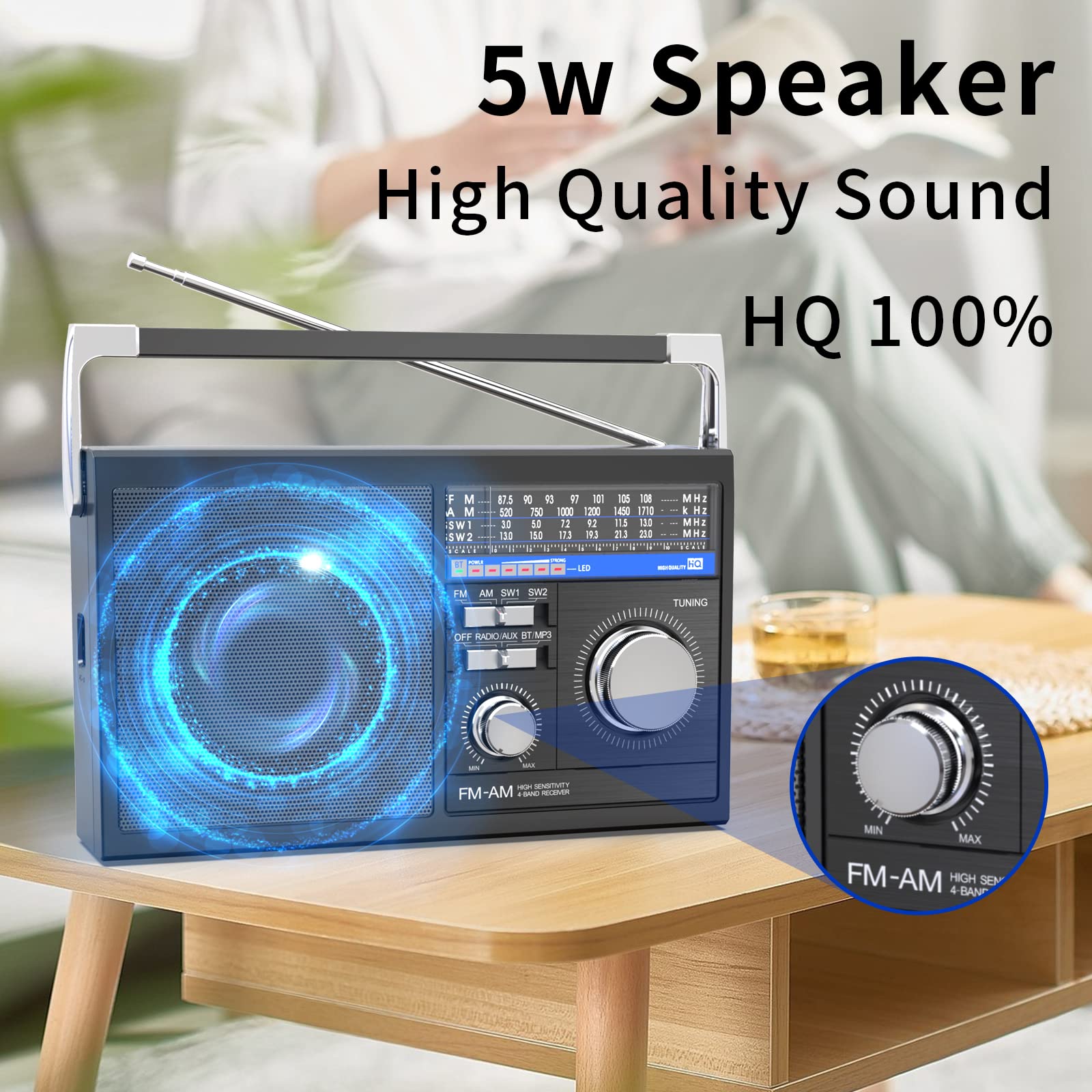 Portable AM FM Radio with Bluetooth - Retro Transistor Radio with SW Band, Best Reception, Battery or AC Power, Bluetooth Speaker, Earphone Jack, USB/TF/AUX Input - Perfect for Seniors, Home, Office, Travel & Emergency Use (Black)