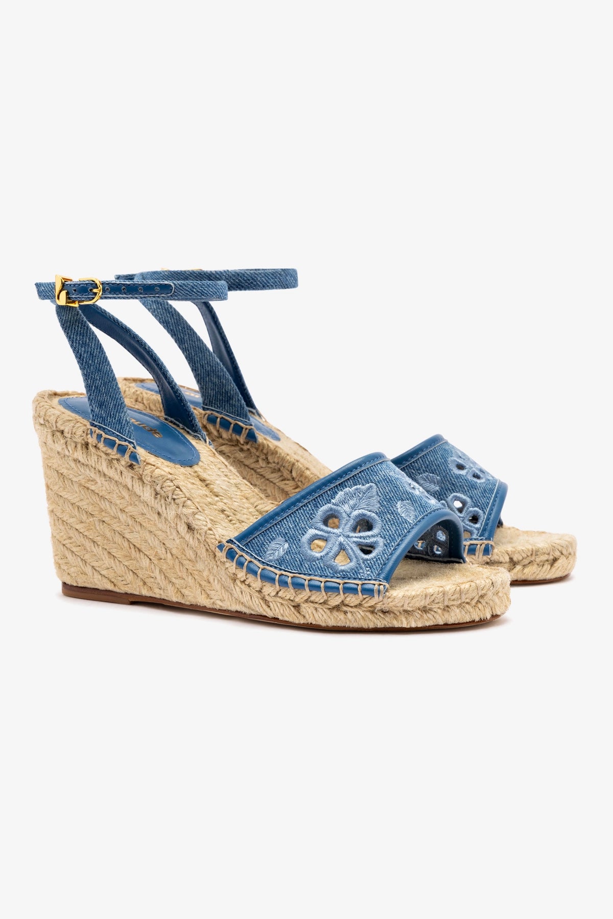 Letizia Espadrille Wedge Sandals - Blue Denim with Stone Embellishments & Hibiscus Embroidery | Comfortable Summer Wedges for Beach, Vacation & Casual Outings