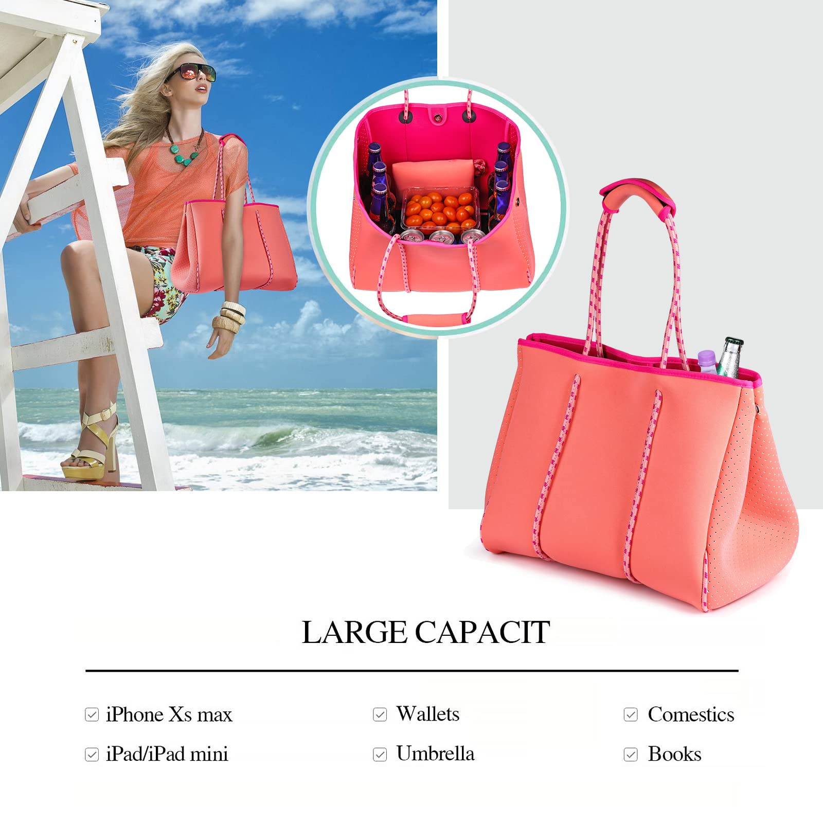 LMYYG Waterproof Neoprene Beach Bag - Large Multipurpose Tote for Travel, Gym & Swimming | Durable Shoulder Bag for Beach, Pool & Outdoor Activities