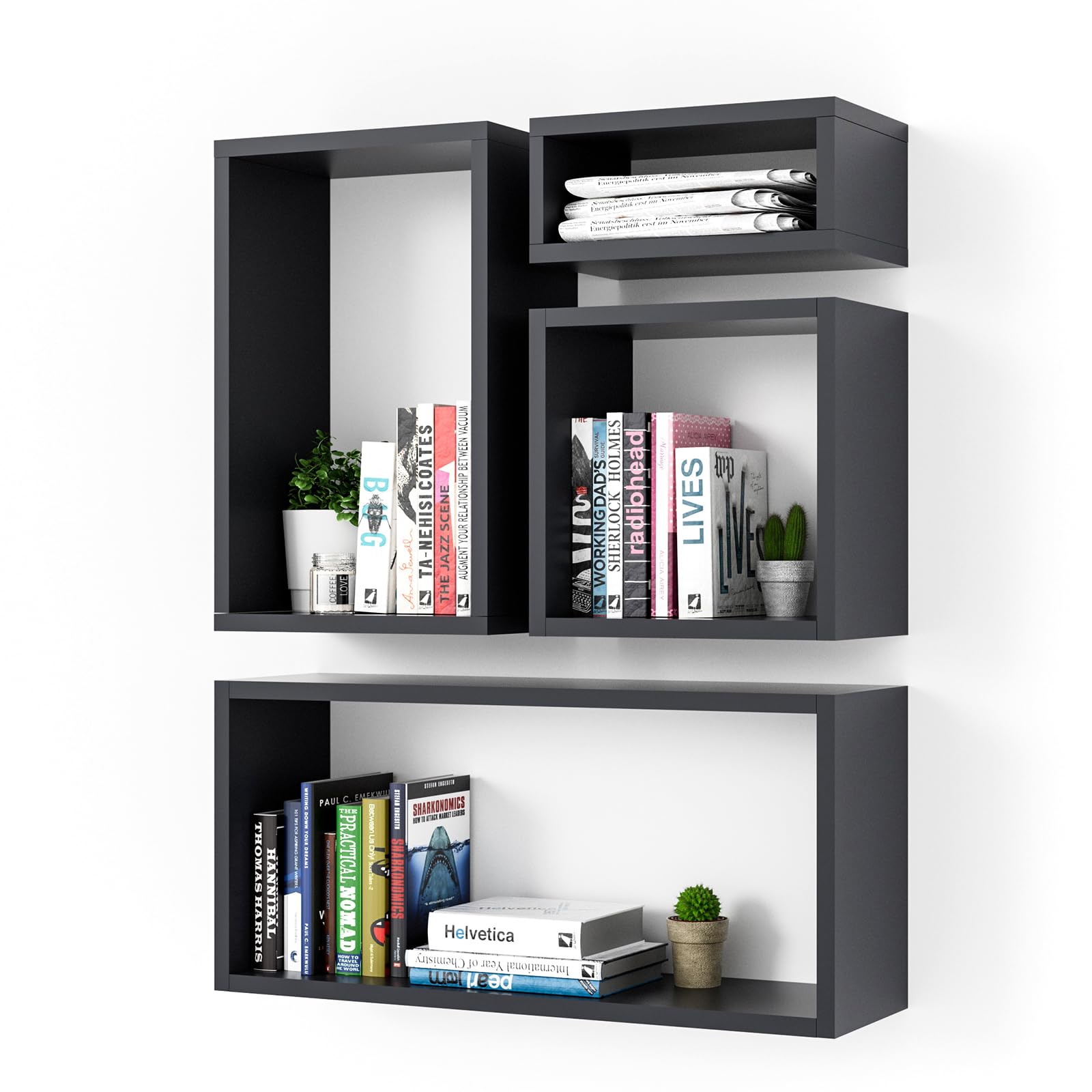 Kaboon 4-Pack Floating Cube Wall Shelves Set - Large Black Wall Mount Shelves for Home & Office Organization - Perfect for Living Room, Bedroom, Kitchen Storage & Display