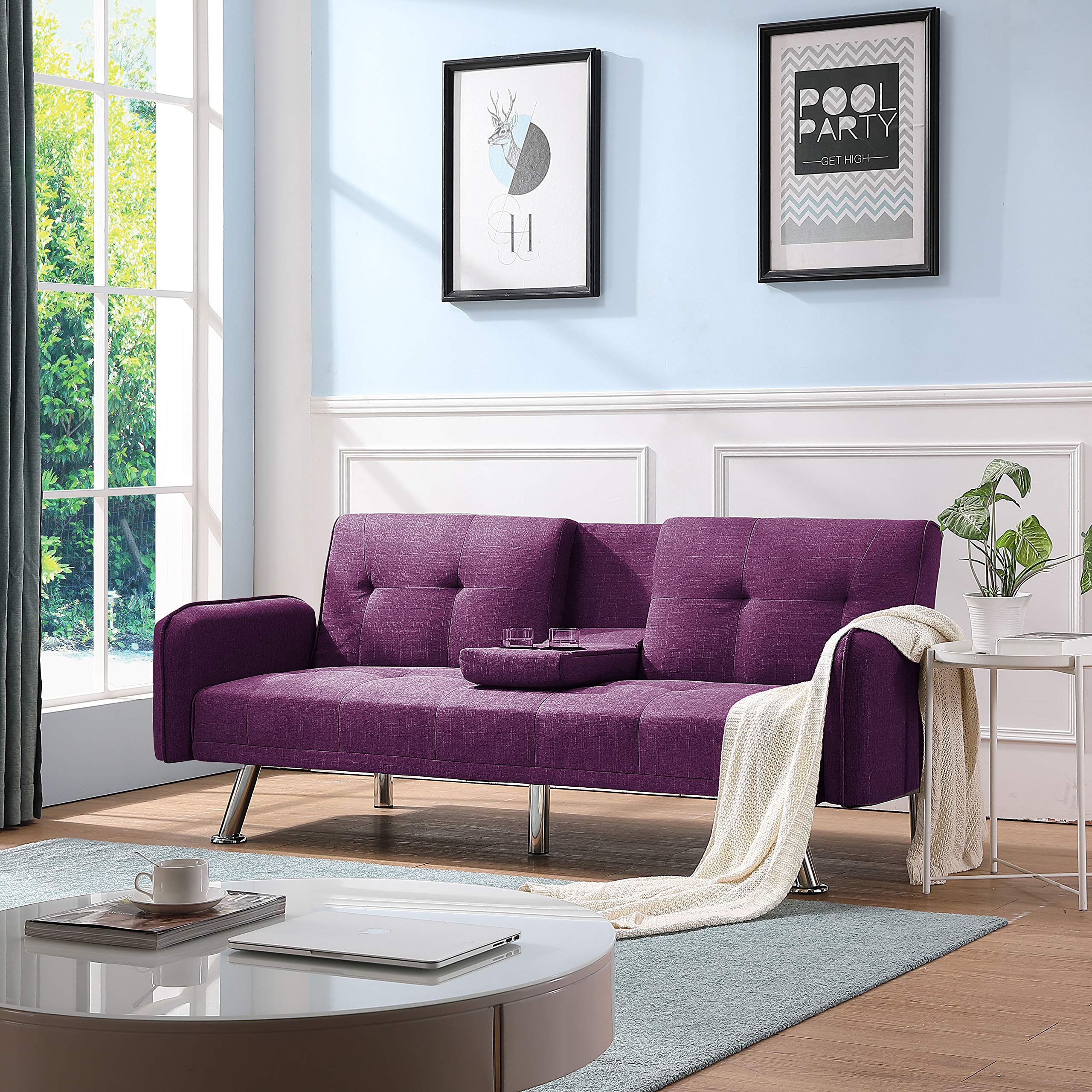Twin Size Sleeper Sofa Bed - Convertible Futon Couch for Living Room, Apartment & Dorm | Modern Purple Fabric Lounge Sofa | Perfect for Small Spaces, Guest Rooms & Studio Apartments