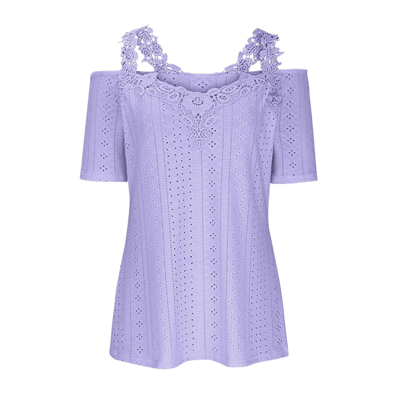 Women's Lace Crochet Off-Shoulder V-Neck Short Sleeve T-Shirt - Summer Tunic Blouse for Casual Outings & Beach Wear