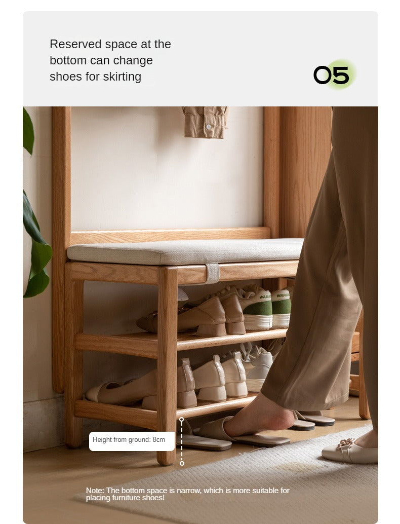 Solid Oak Wood Shoe Bench with Hooks - Entryway Organizer & Shoe Storage Stool for Hallway, Bedroom, or Mudroom