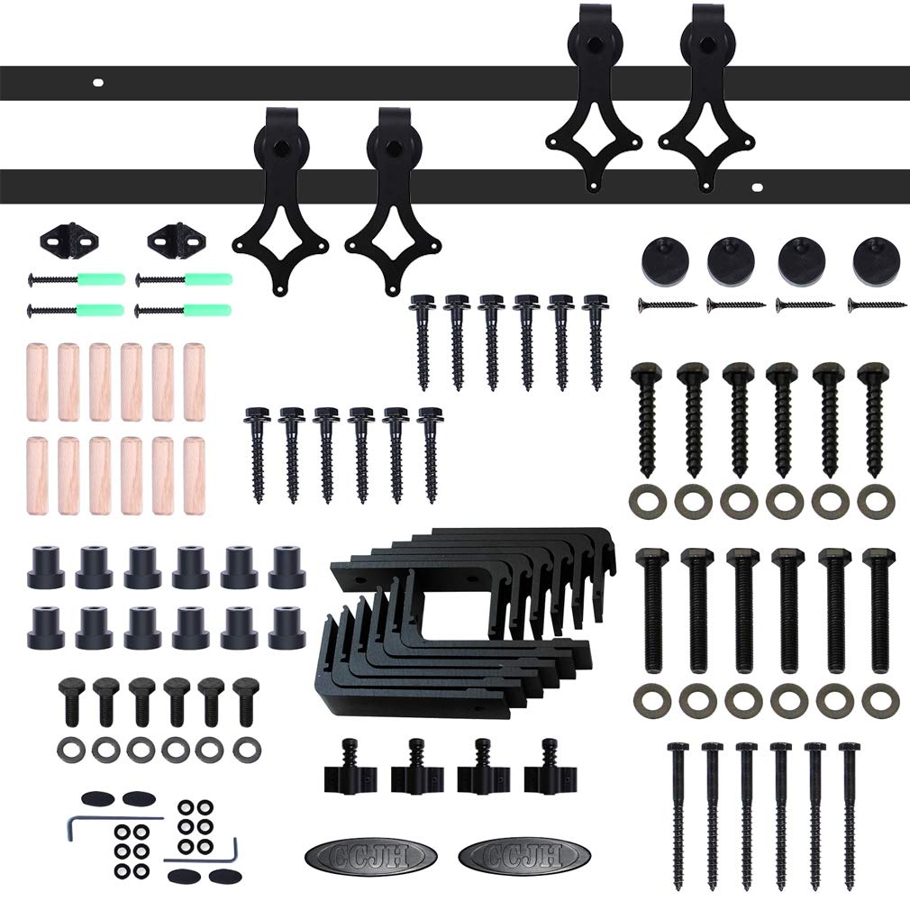 8FT Bypass Double Door Sliding Barn Door Hardware Kit - Heavy Duty Black U-Shape Bracket System with Strong Bearings for 48