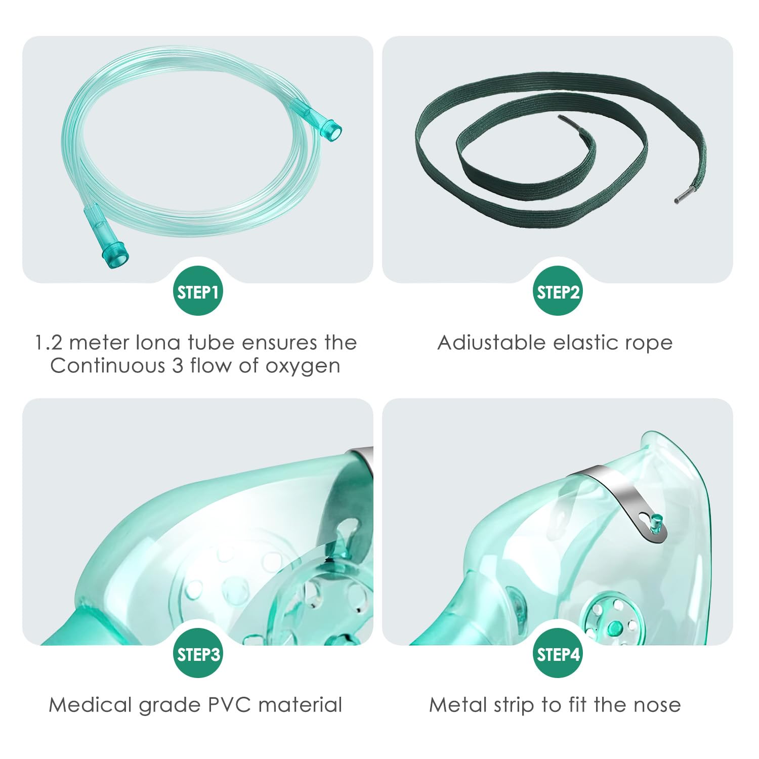 3 Pack Adult Oxygen Face Masks with 7 Ft Tube - Adjustable Elastic Strap, Size L for Home Use, Travel & Emergency Care