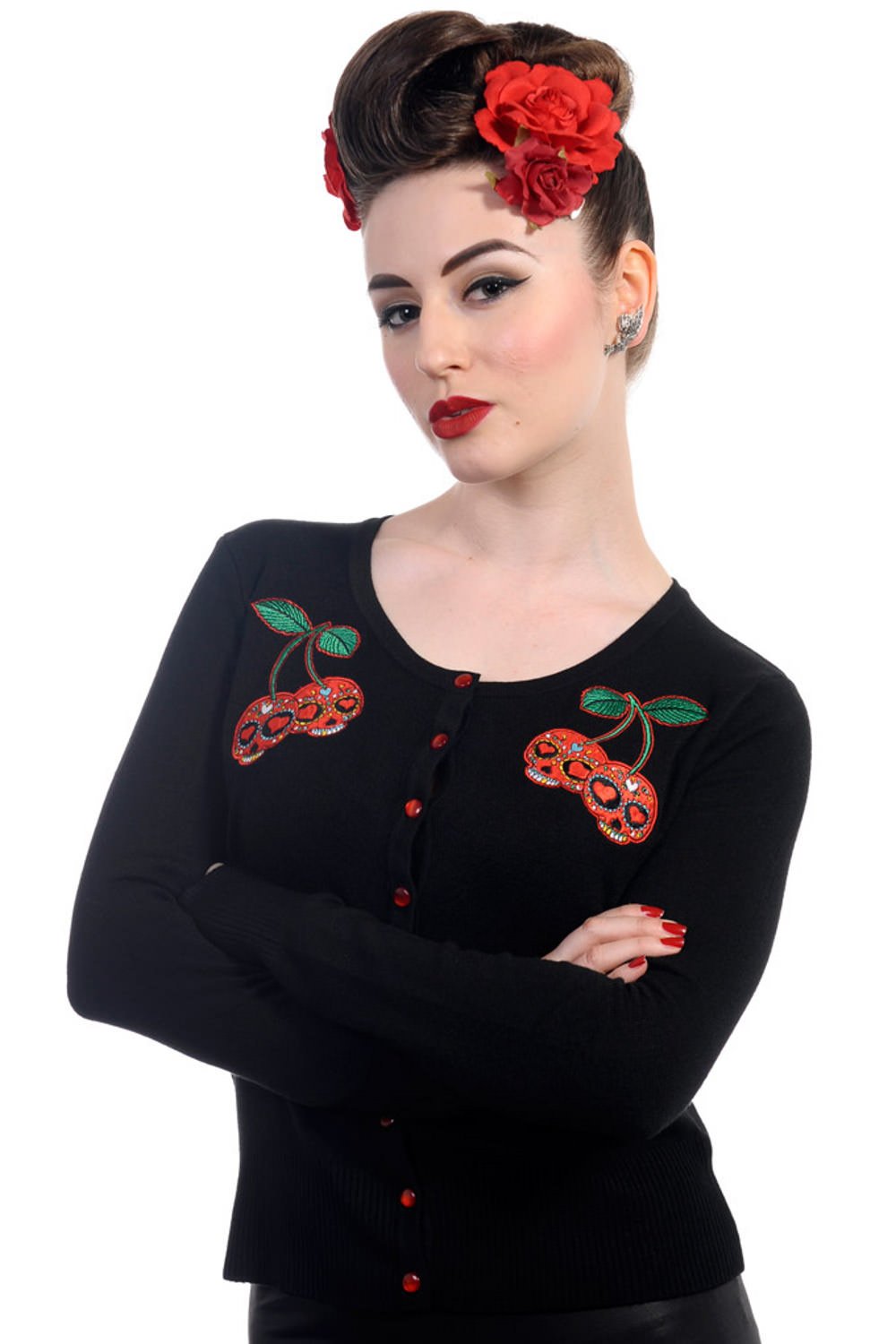 Lost Queen Rockabilly Pinup Skull Cherries Black Knit Cardigan Sweater | Vintage Retro Style Women's Open Front Cover Up | Perfect for Concerts, Date Nights & Pinup Fashion
