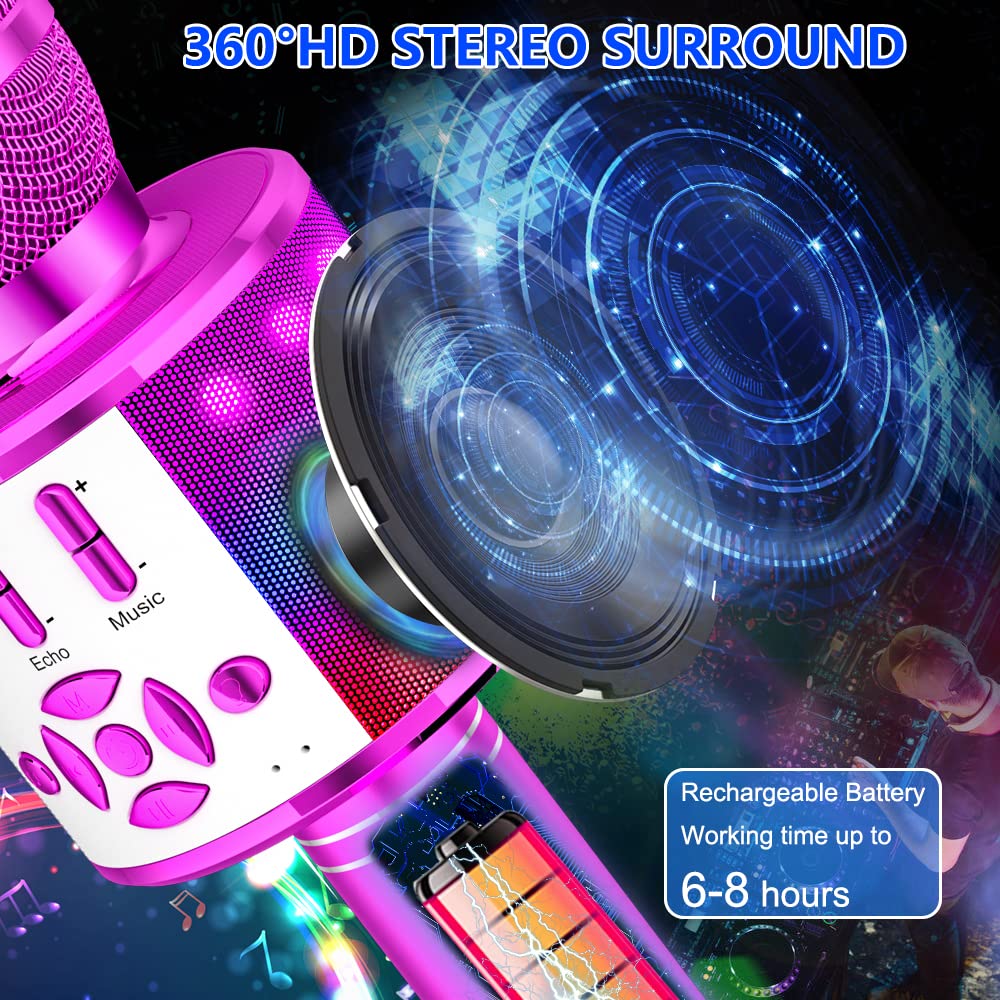 Amazmic Kids Bluetooth Karaoke Microphone with LED Lights - Portable Wireless Singing Machine for Children & Adults, Perfect for Birthday Parties, Home KTV & Family Gatherings (Purple)
