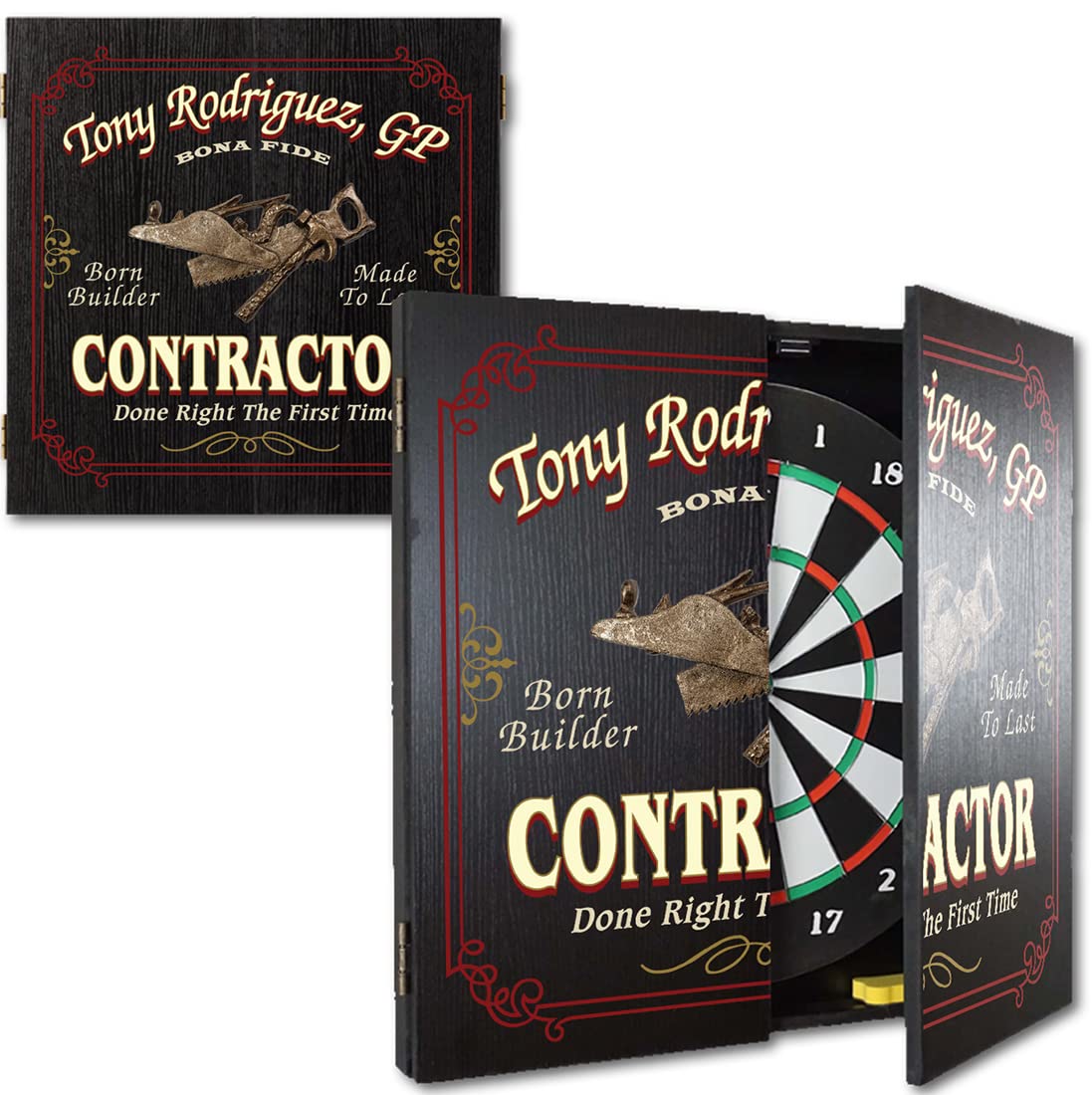 THOUSAND OAKS BARREL CO. Personalized Dartboard & Cabinet Set - Professional Steel Tip Dart Board for Adults with 6 Darts, Eraser & Chalk Scoreboard - Perfect for Game Rooms, Bars & Man Caves