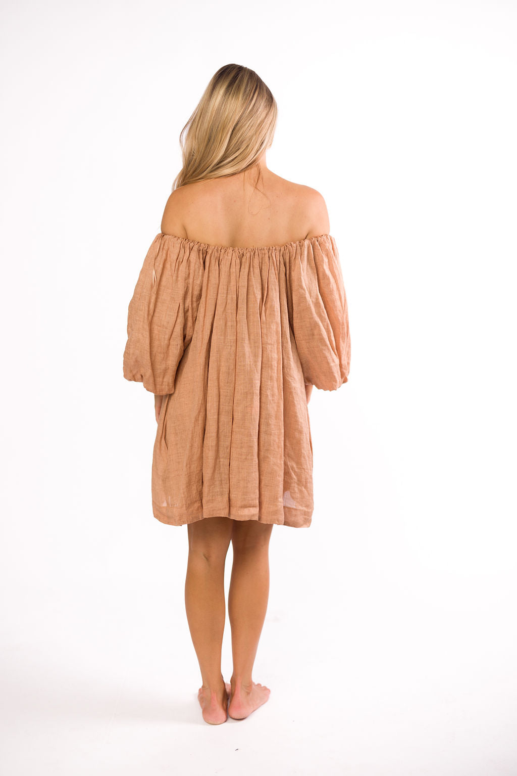 Cassidy 100% Linen Off Shoulder Mini Dress - Women's Summer Boho Dress in Mocha Brown | Beach Wedding, Vacation, Date Night Outfit