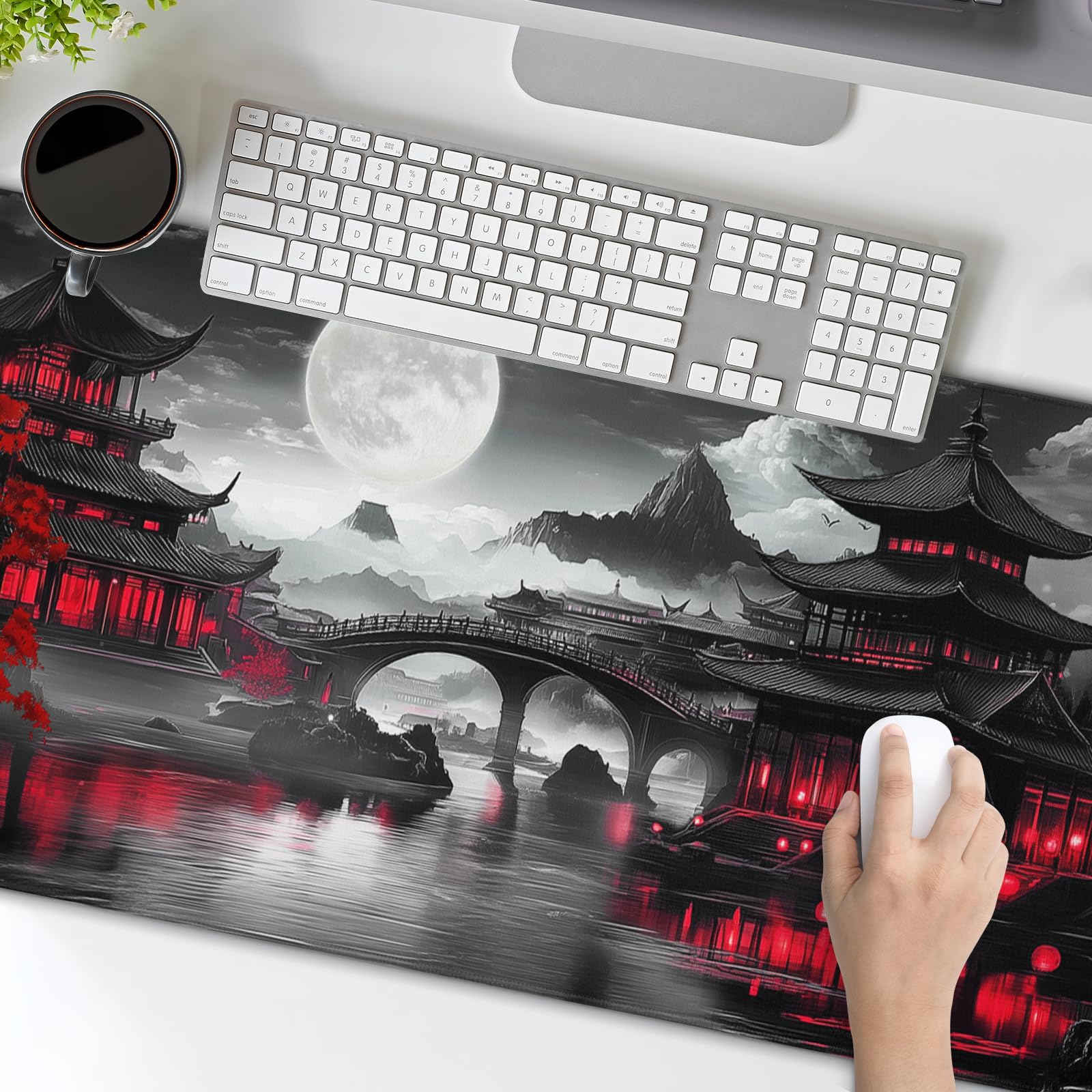 Premium Japanese Riverside Full Moon Extended Desk Mat - Extra Large 31.5×11.8 Inch Non-Slip Rubber Base Mouse Pad with Stitched Edges for Gaming, Office & Home Use - Black & Red Design for PC, Laptop & Keyboard Comfort