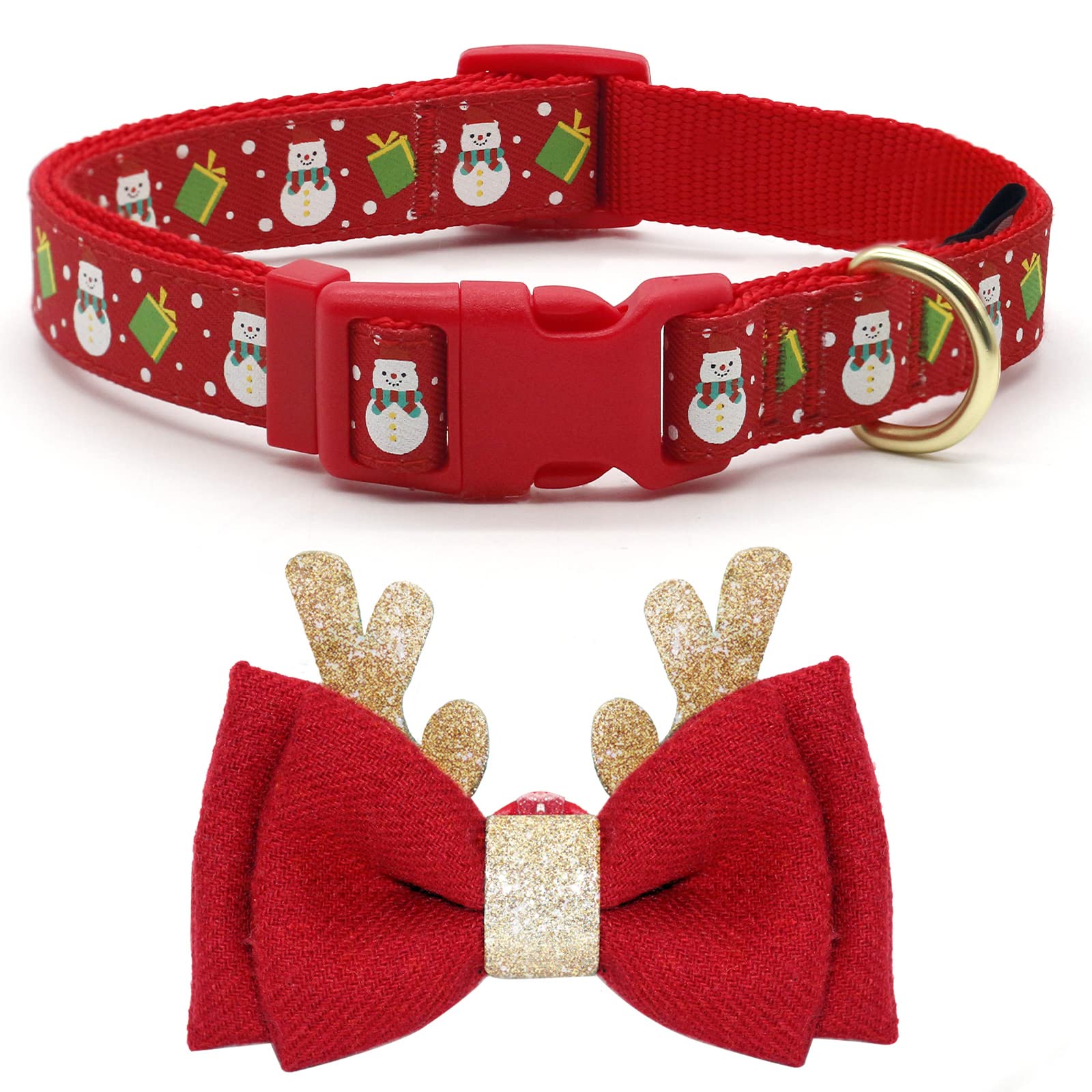 Adjustable Christmas Dog Collar with Antler Bow Tie - Festive Xmas Pet Collar for Small Dogs & Puppies | Perfect for Holiday Photos, Parties & Winter Walks