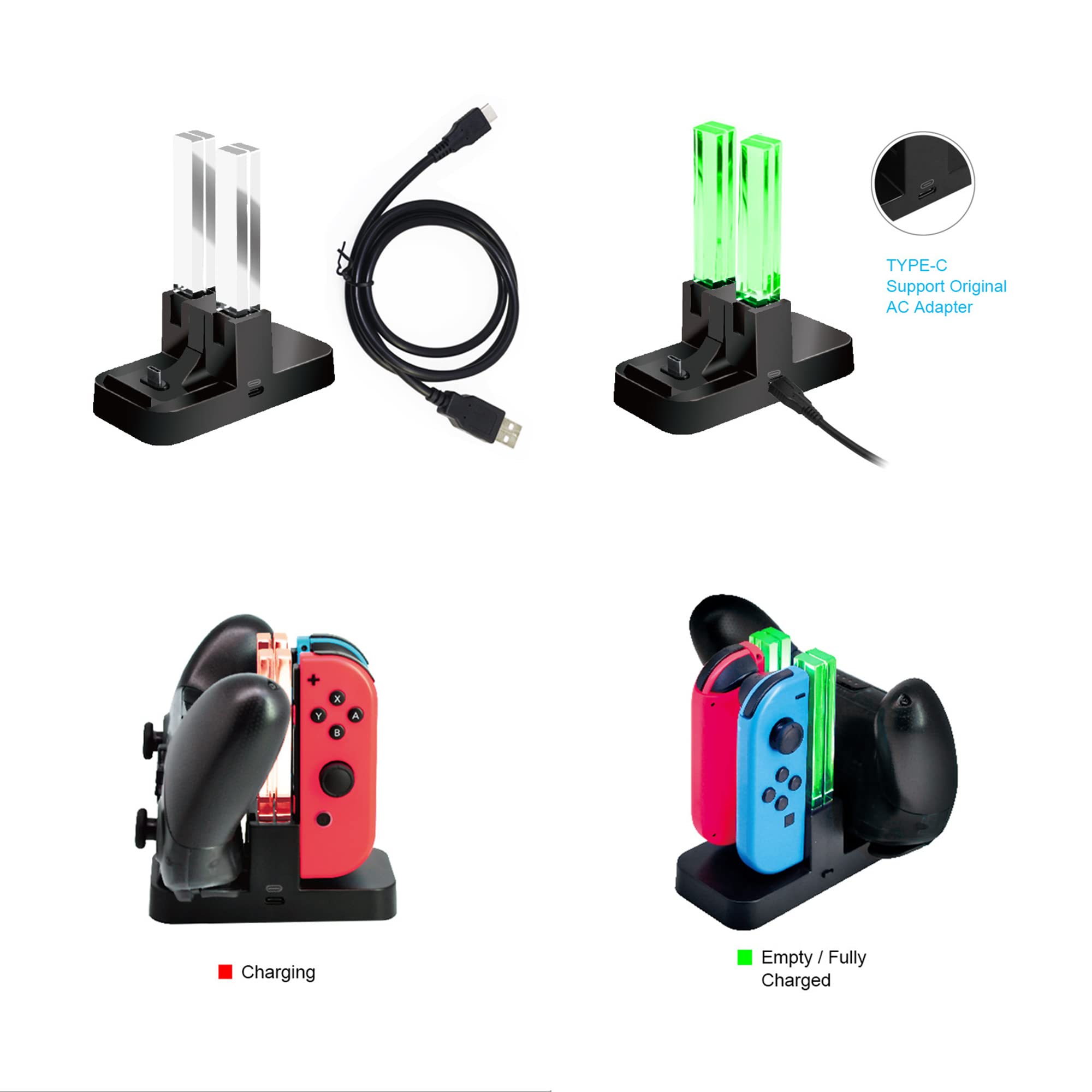 Navor Controller Dock Stand - Joy-Con & Pro Controller Charging Dock for Nintendo Switch - Fast USB-C Charging Station with LED Indicators - Perfect for Gaming, Multiplayer & Travel Accessories