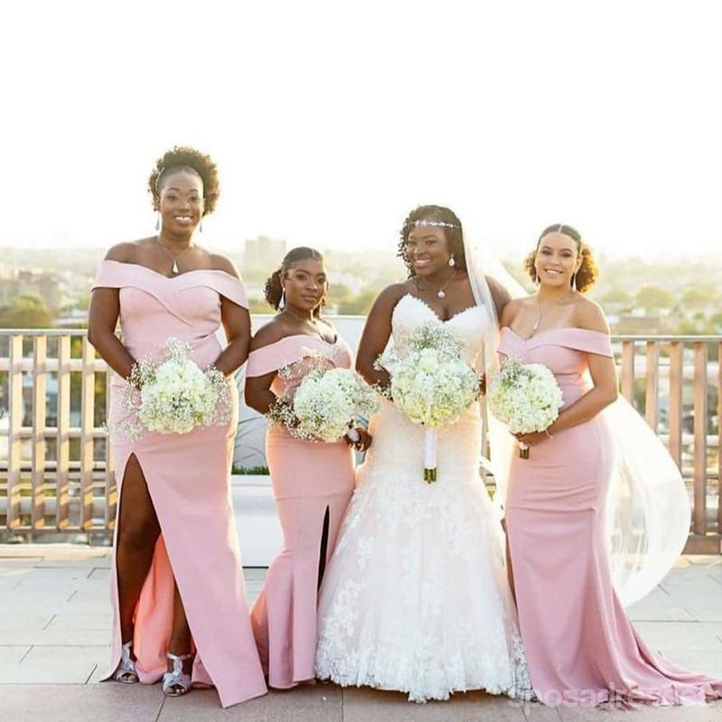 Elegant Pink Mermaid Off-The-Shoulder Long Bridesmaid Dress - WG900 | Perfect for Beach Weddings, Formal Events & Special Occasions