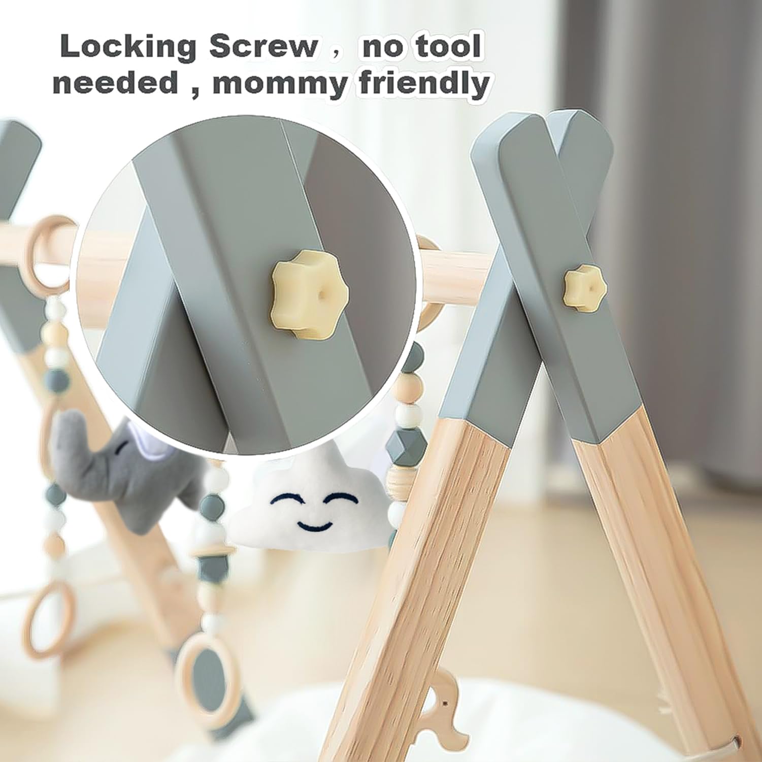 Foldable Wooden Baby Play Gym with 5 Hanging Toys - Natural Wood Activity Gym for Newborns & Infants (Grey) | Perfect for Tummy Time, Sensory Play & Early Development