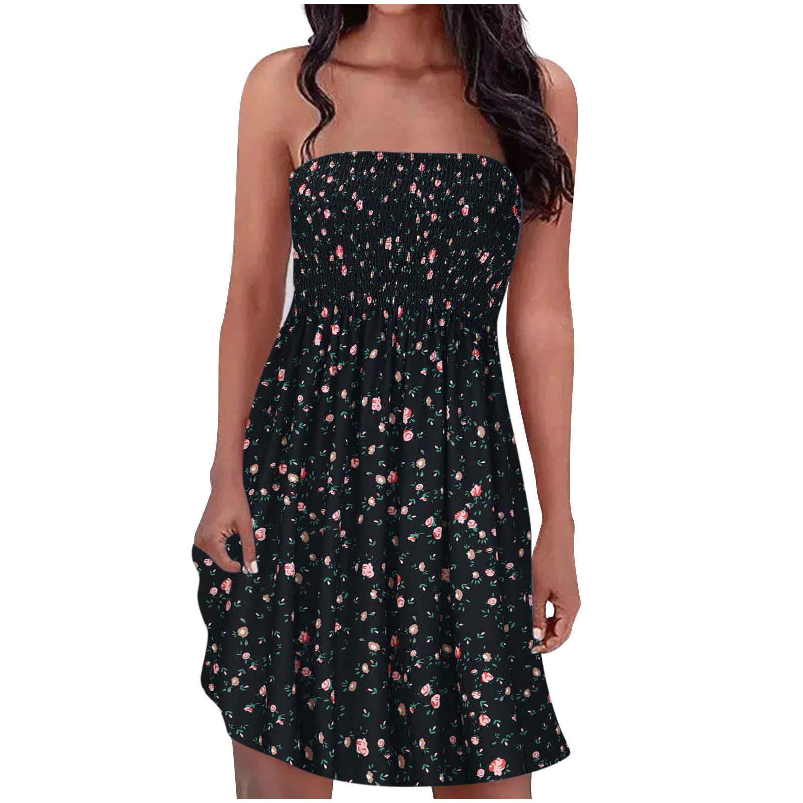 Women's Summer Dresses - Strapless Boho Floral Print Sundress & Beach Cover Up | Perfect for Vacations, Pool Parties & Casual Outings