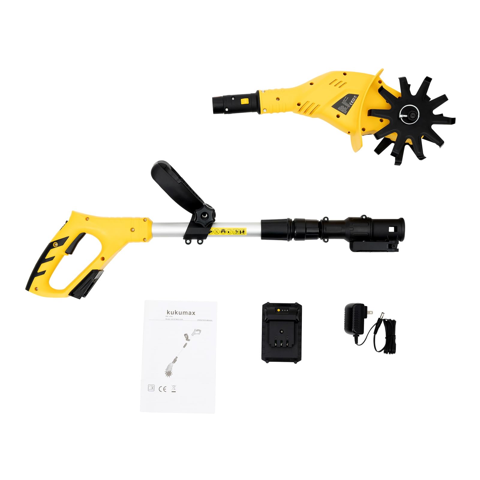 20V Cordless Electric Garden Tiller Cultivator with Steel Tines - Battery Powered Handheld Mini Tiller for Gardening - 3-4FT Adjustable Pole, 6.3