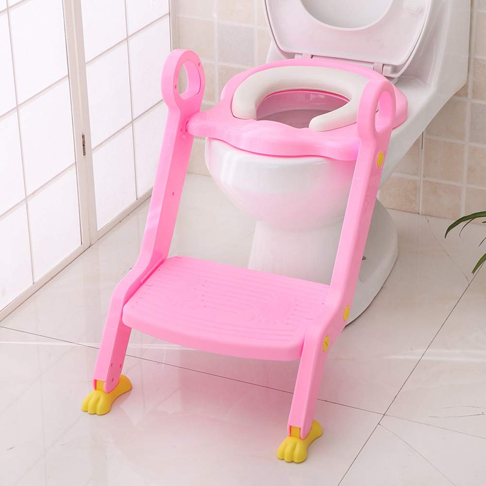 Adjustable Height Baby Toilet Training Seat with Ladder - Soft Cushion, Non-Slip Steps & Foldable Design for Toddlers Boys & Girls (Pink) | Potty Training Chair for Home & Travel Use
