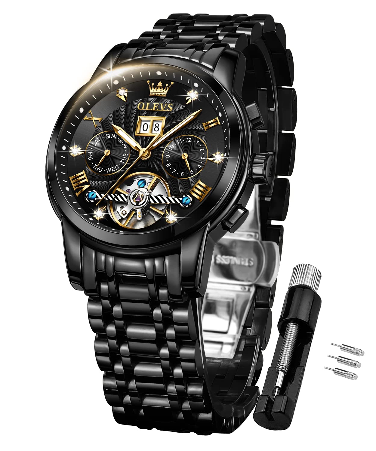 OLEVS Men's Automatic Self-Winding Mechanical Watch - Gold Skeleton Luxury Dress Watch with Moon Phase & Tourbillon - Stainless Steel Wristwatch for Men - Perfect for Date Nights, Business Meetings & Formal Events