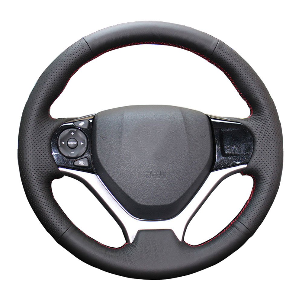 Genuine Leather DIY Stitch-on Steering Wheel Cover for Honda Civic 2012-2015 | 13.5-14.5 Inches | Black with Red Stitching | Custom Fit Interior Accessories | Perfect for Car Enthusiasts & DIY Projects