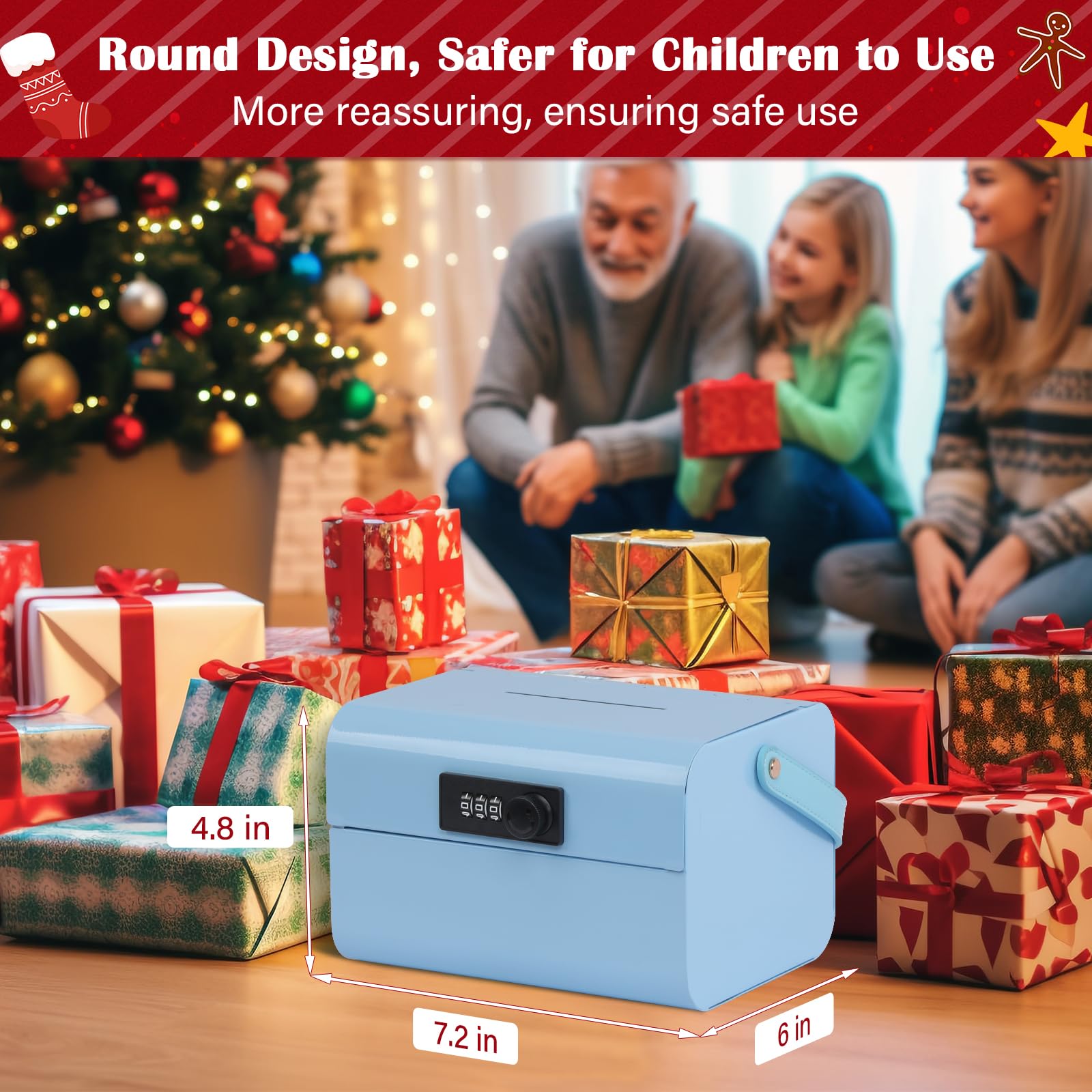 GOLDENKEY Kids Cash Box with Lock & Slot - Blue Metal Piggy Bank with Stickers for Boys & Girls - Portable Money Safe Box for Savings - Perfect Birthday Gift & Financial Learning Tool for Home, School & Playroom