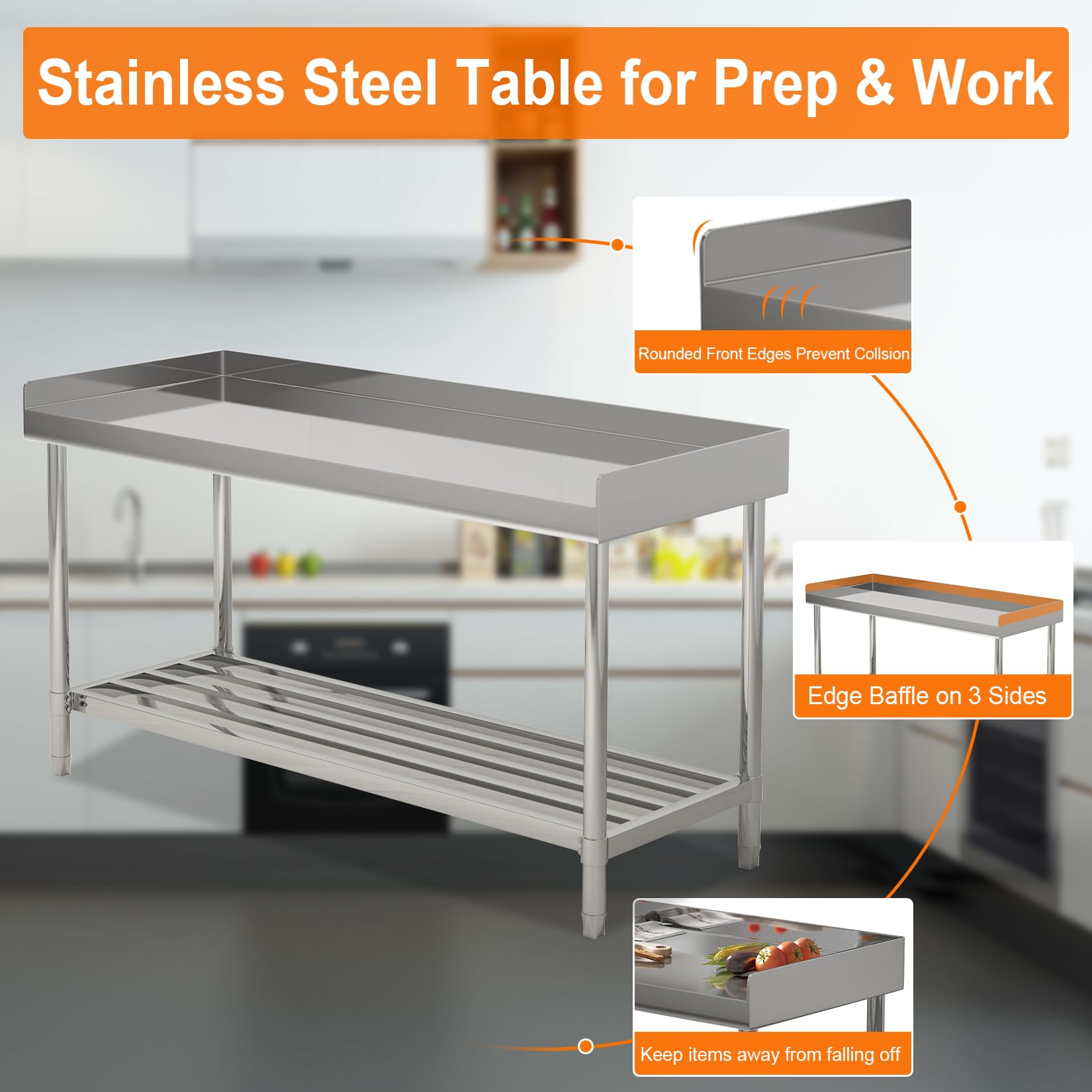 Heavy Duty 24x48 Inch Stainless Steel Prep Table with Adjustable Undershelf & Backsplash - Commercial Kitchen Work Table for Restaurant, Home, Hotel - Perfect for Food Prep, Cooking & Serving