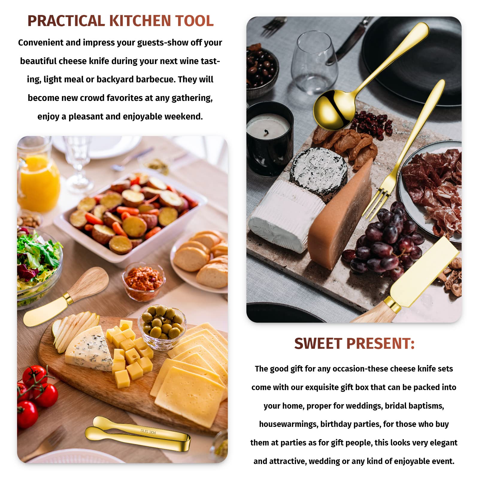 Premium Charcuterie Board Accessories Set - 18-Piece Cheese & Butter Knives with Wooden Handles - Mini Serving Tongs, Spoons & Forks for Entertaining - Perfect for Parties, Weddings & Christmas (Gold) - Elegant Cheese Platter Utensils for Charcuterie Boards & Holiday Gatherings